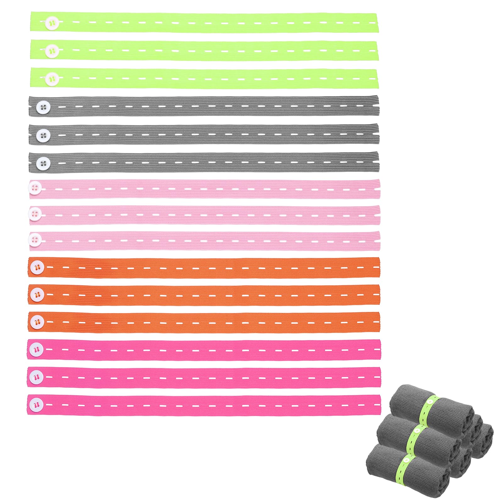 sourcing map 25Pcs Roll-up Clothes Storage Elastic Band, Adjustable Clothing Storage Strap with Button Travel Luggage Space Saver for Drawer Closet Bedsheet Towel Pants, Warm Cool Gray