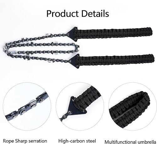 Miniatura 15 de Sucrain Motosierra de bolsillo con mango de paracaídas, sierra de mano de cadena plegable, equipo de supervivencia de emergencia al aire libre
