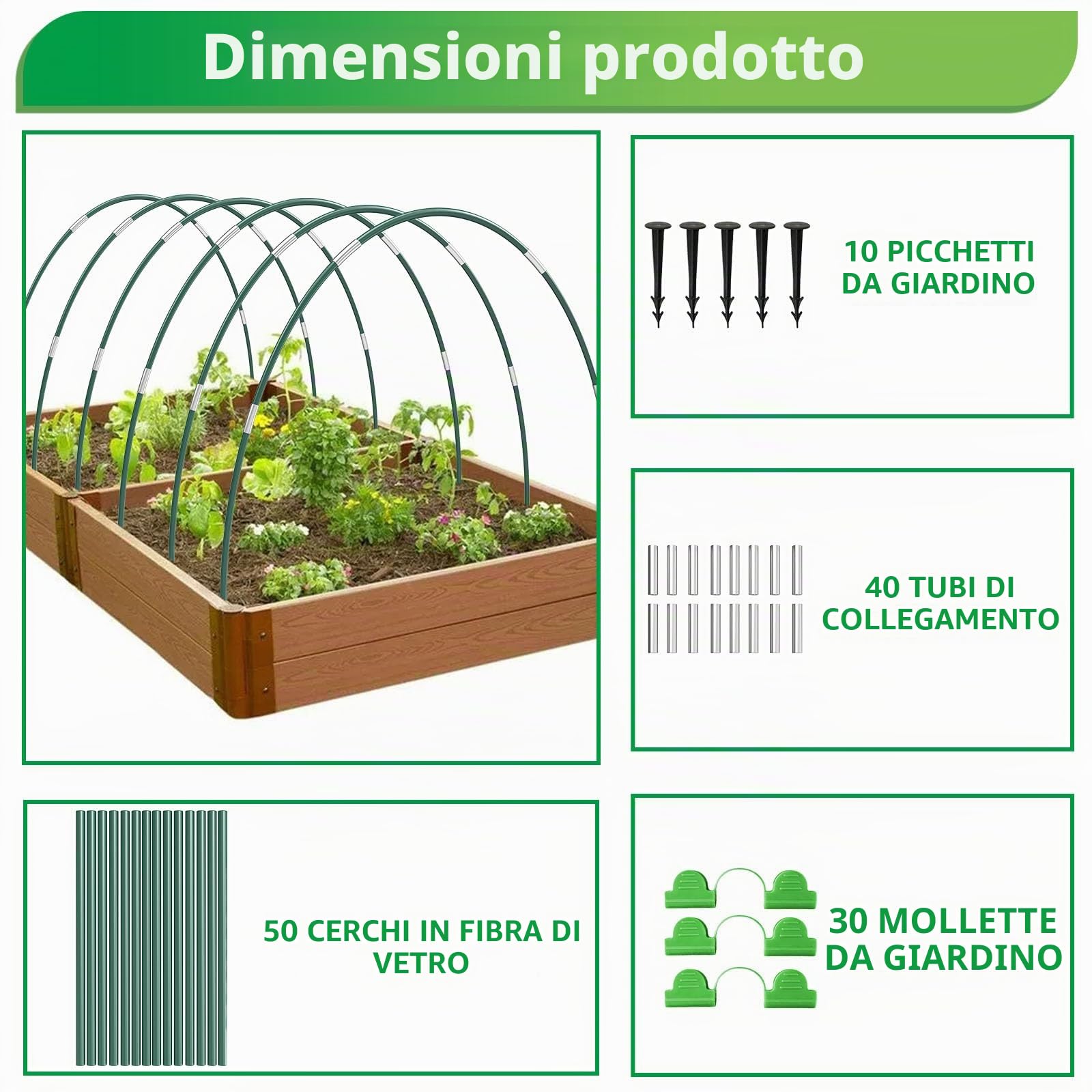 Gallerie per piante, 50 pezzi, per aiuole rialzate, in vetroresina, tunnel per serra, tunnel per serra, per aiuole rialzate, supporto per piante fai da te, pali da giardino