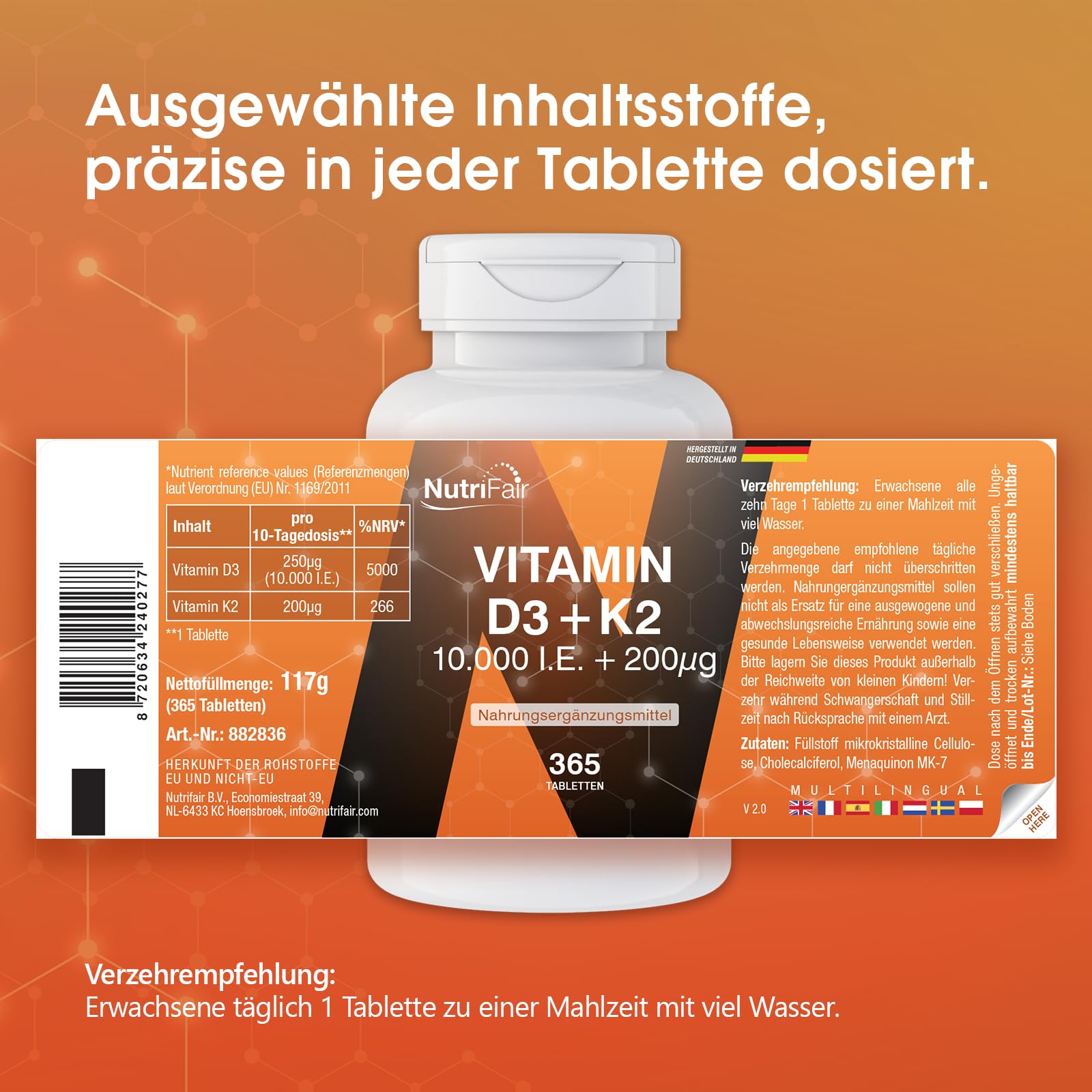 Vitamin D3 + K2, 365 Tabletten, schluckfreundlich, 10.000 I.E. + 200μg, Hochdosiert, Deutsche Produktion & Laborprüfung