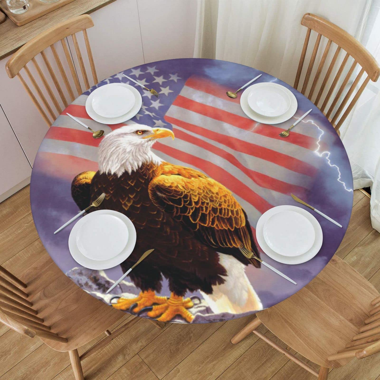 Runde Tischdecke Patriotisch Amerikanische Sterne | Elastisch, Wasserdicht | Größe M Für Tisch 114-127 Cm