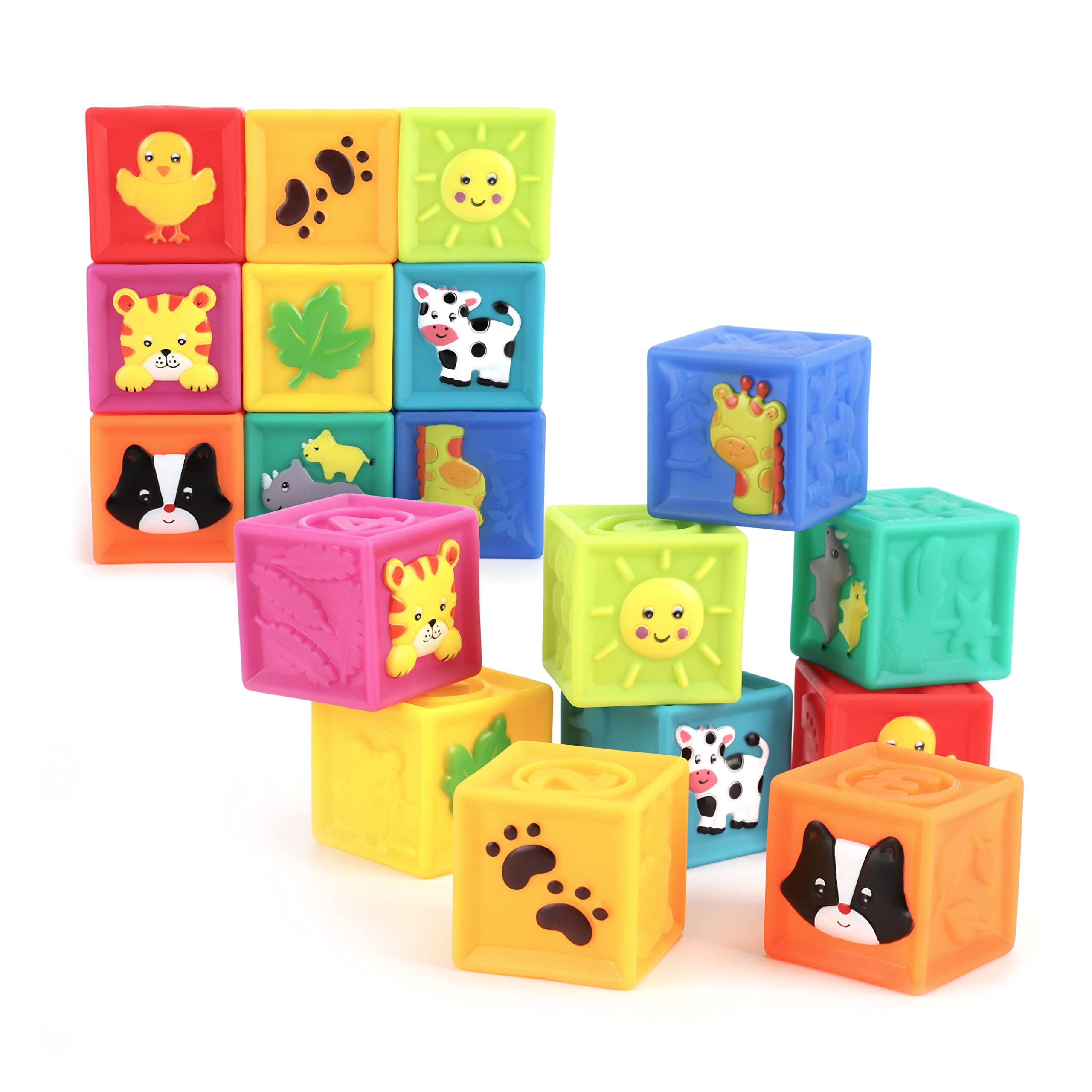 The Moon Brand Baby Stacking Blocks Sensory Toys Set Textured Balls, Number Block Cubes & Animal Toys for Toddlers , Blocks & Buddies 9Pcs (for 12 Months+)- Multi Color