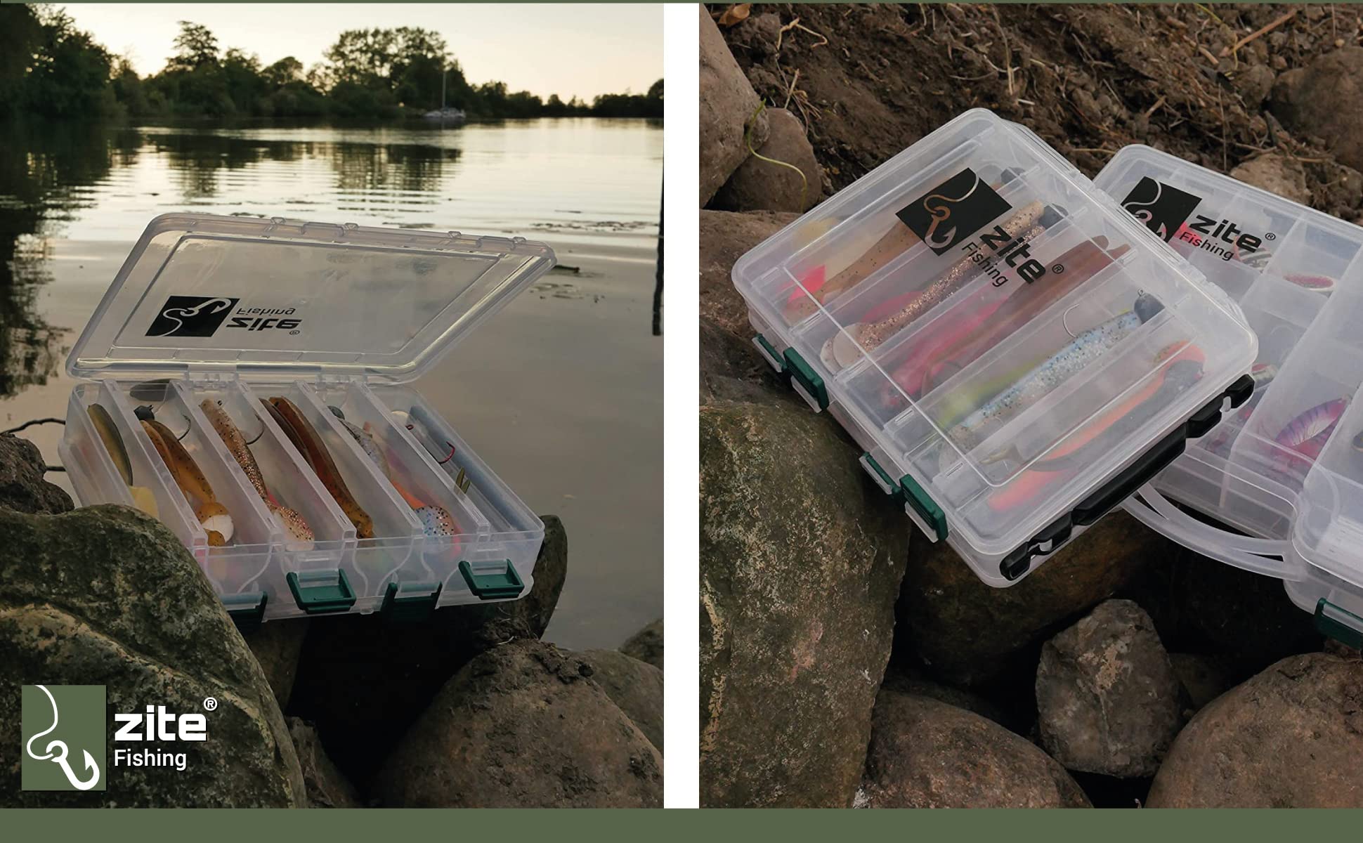 Zite Fishing Aaasboxset, 3 dubbelzijdige aasdozen met draaggreep, 20 x 15,5 x 4,5 cm, kunstaasdoos voor wobblers, knipperlichten enz