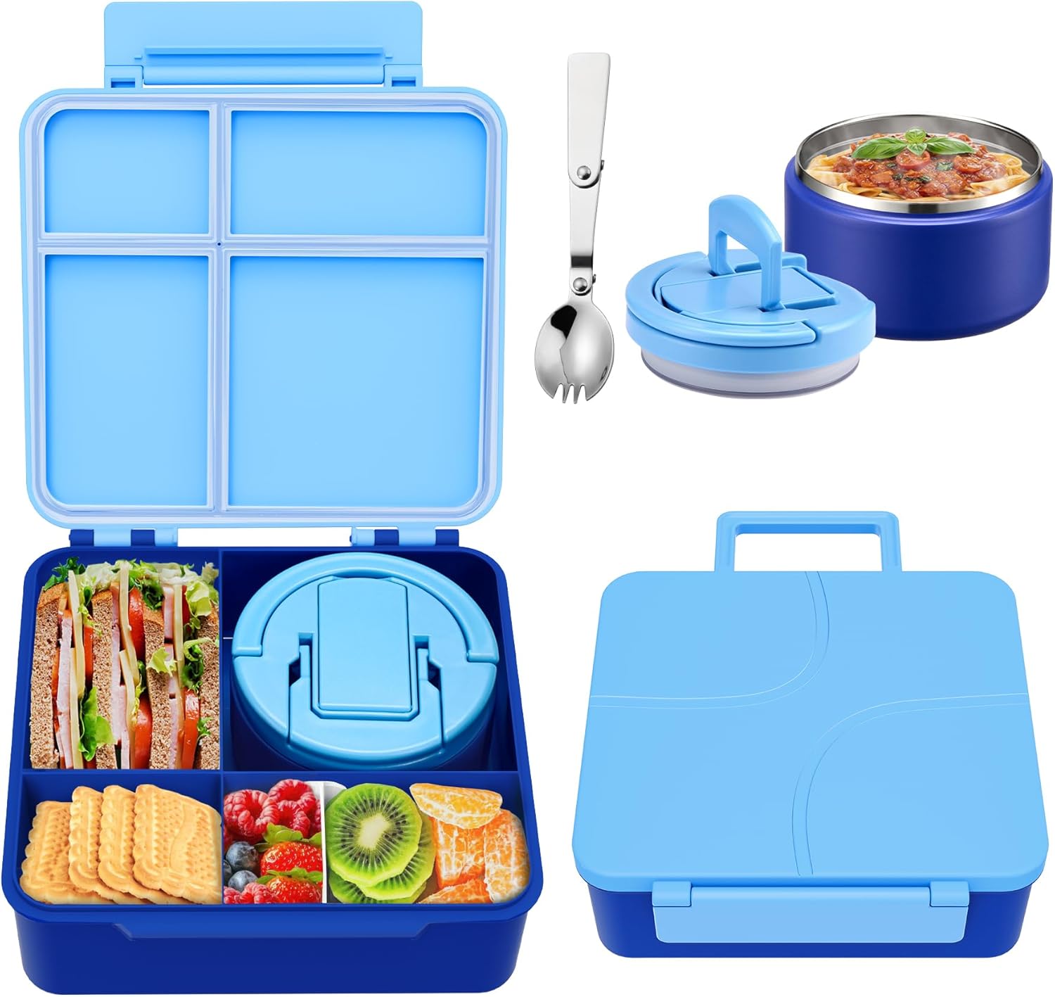 Bento Lunch Box for Kids with 8oz Soup Thermo,Kids Leakproof Lunch Food Containers with 4 Compartment,Kid Insulated Thermo Hot Food Jar for School,Trvael-Blue