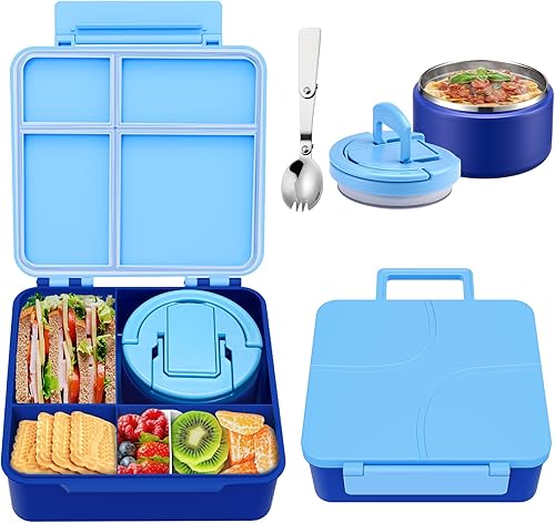 Lonchera Bento para niños con termo de sopa de 8 onzas, recipientes de comida a prueba de fugas para niños con 4 compartimentos, tarro térmico