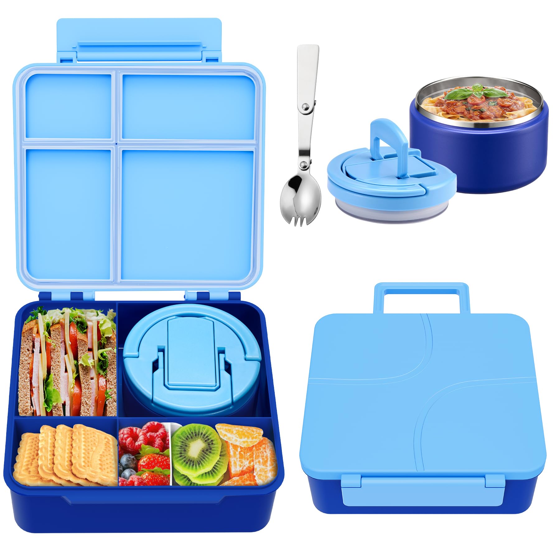 Bento Lunch Box for Kids with 8oz Soup Thermo,Kids Leakproof Lunch Food Containers with 4 Compartment,Kid Insulated Thermo Hot Food Jar for School,Trvael-Blue