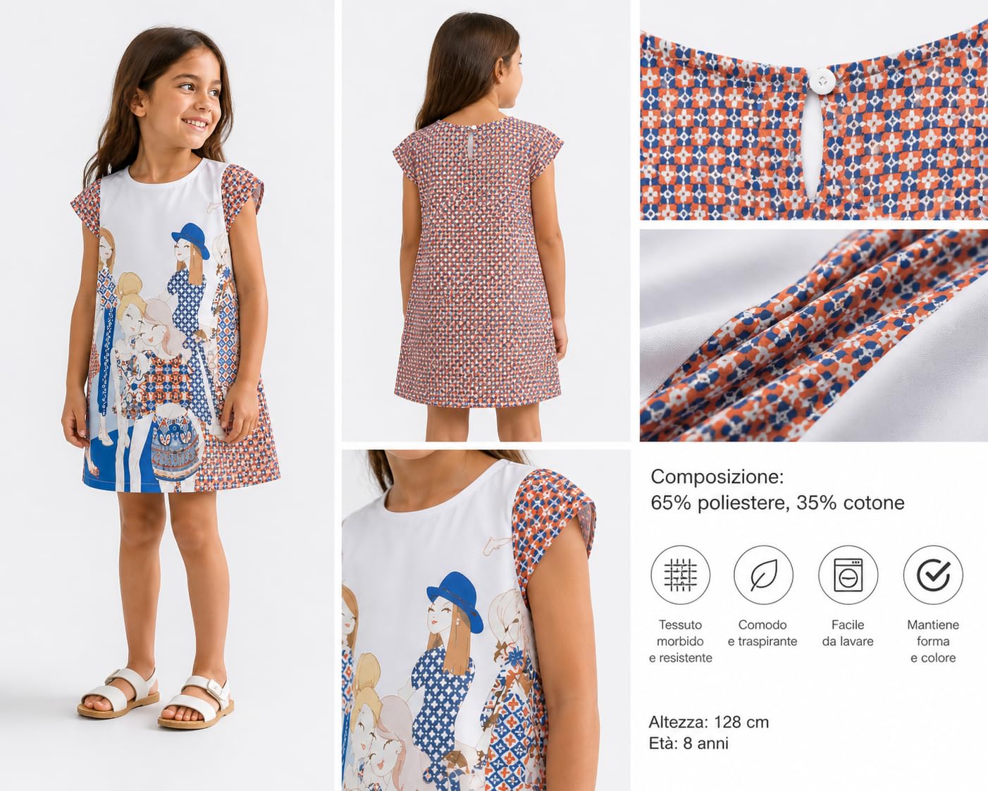 Generico Vestito Bambina Manica Corta 3-9 Anni