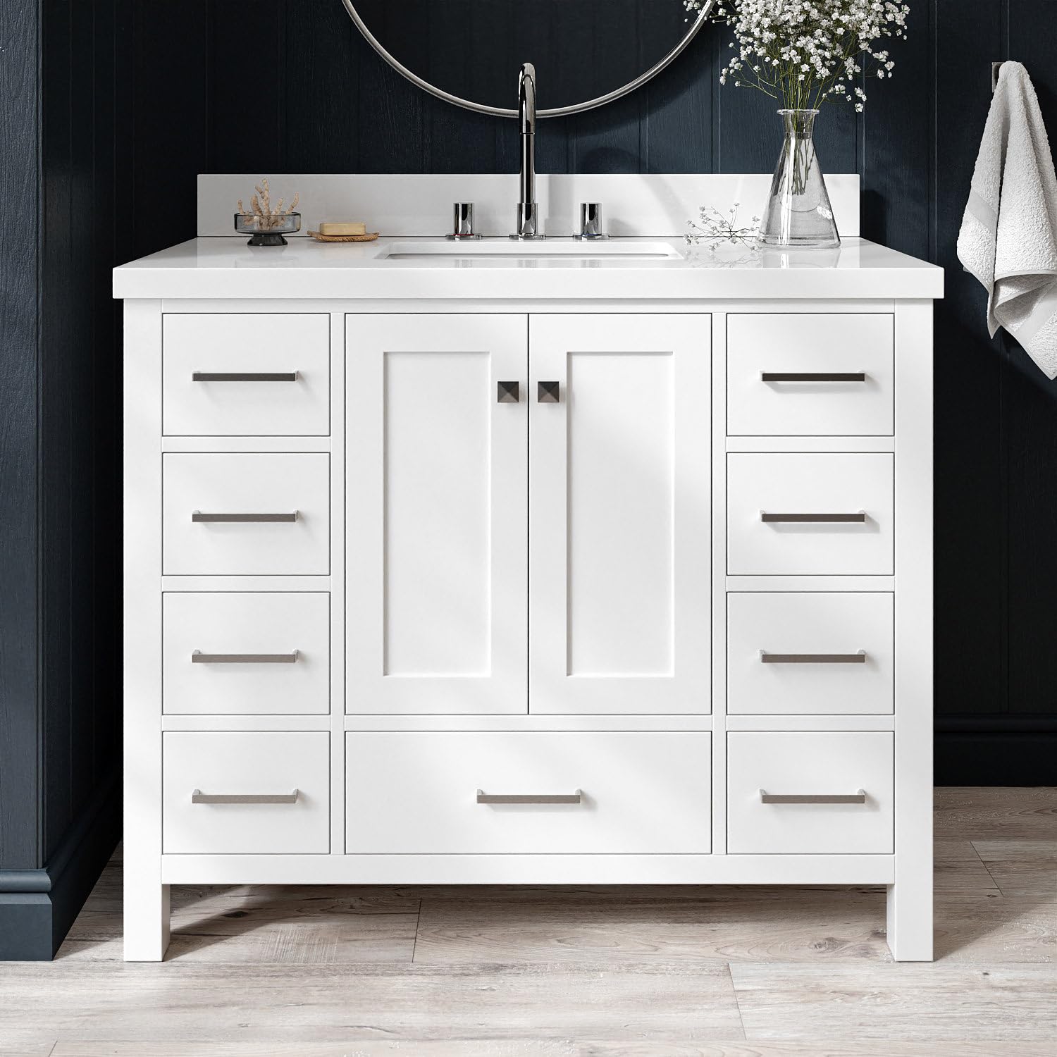 ARIEL Cambridge 43 Inch White Bathroom Vanity with Sink, Solid Wood, White Quartz Countertop, 1.5-Inch Edge, Single Rectangular Undermount Sink, 2
