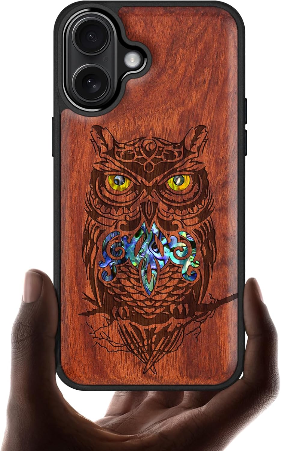 Carveit Magnetic Wooden Case for iPhone 17 Case, Wood Artisan Engraved & Handmade Shell Inlaid, TPU Shockproof Cover, Compatible with MagSafe Wireless Chargers (an Owl Perched on a Branch-Rosy)
