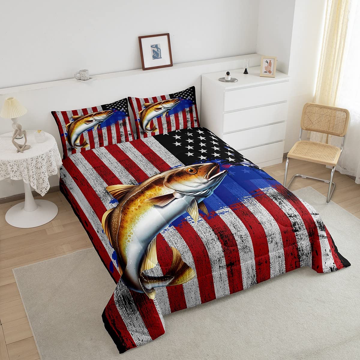 Set di biancheria da letto con bandiera americana Big Pike Fish Bass Big Fish Down Consolatore da caccia Pesca Piumino Bedding Piumino per pesci nautico Inserto/trapunta Set di pesca in mare profond
