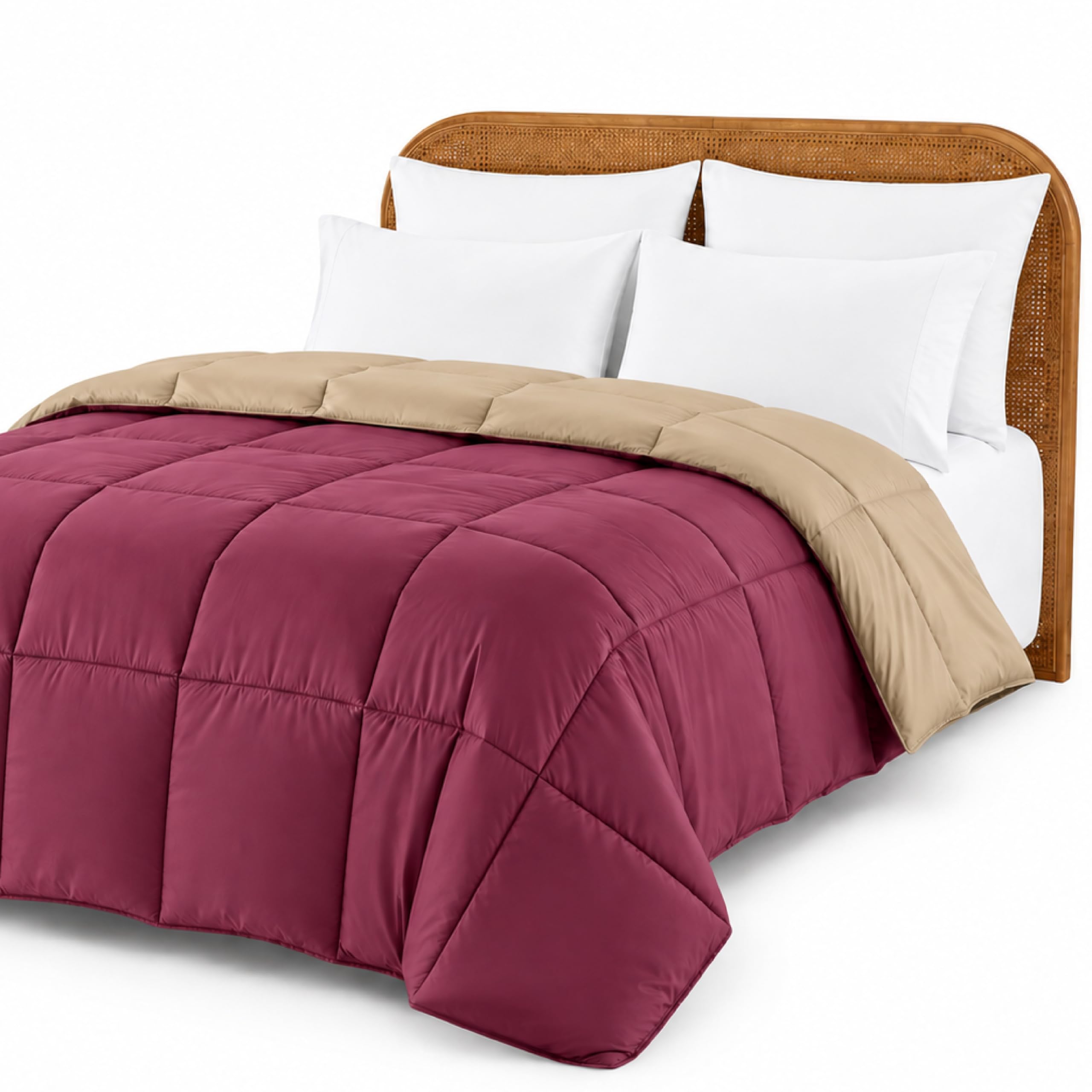 Modern Threads Comforter Duvet Insert, Reversible Quilted Down Alternative Comforter with Corner Tabs, All Season Bedding, Queen, Red/Beige