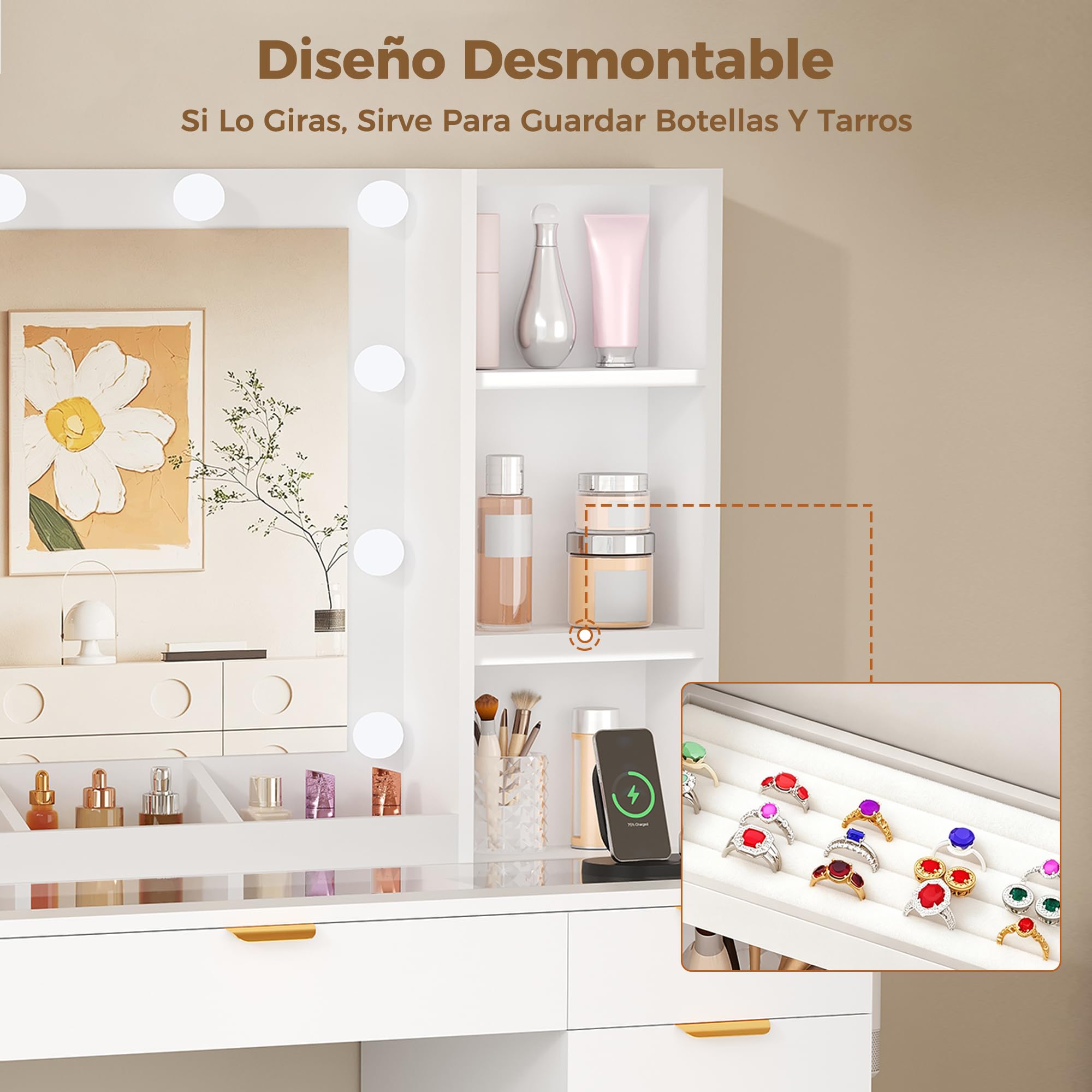 Grande Tocador de Maquillaje con Luz LED y Espejo,Vidrio,Enchufes