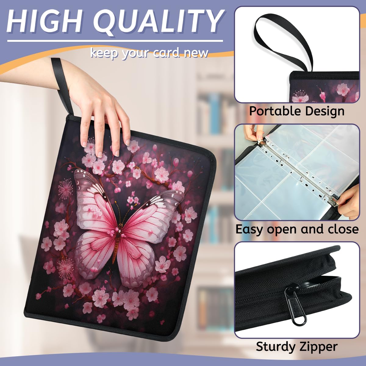 Raccoglitore per carte collezionabili con 4 tasche, rosa, farfalla e fiori, raccoglitore per carte con fiori di ciliegio, con maniche rimovibili, impermeabile, con cerniera, 50 pagine, capacità 400