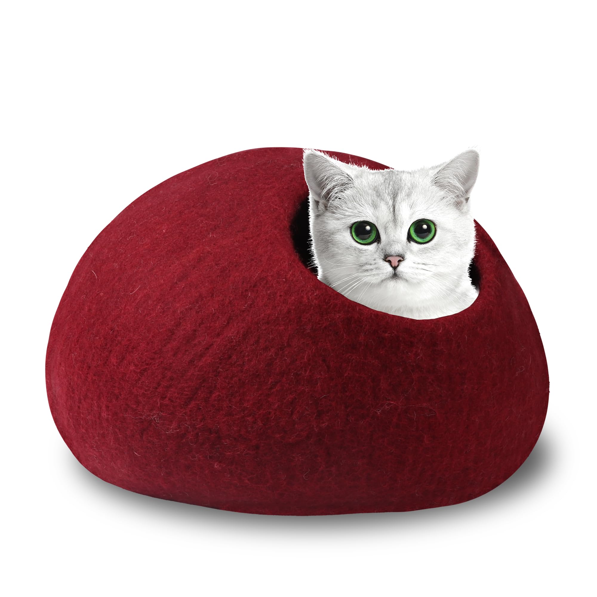 Handmade Merino Wool Cat Cave Bed | Eco-Friendly Red Felt House For Indoor & Outdoor Cats