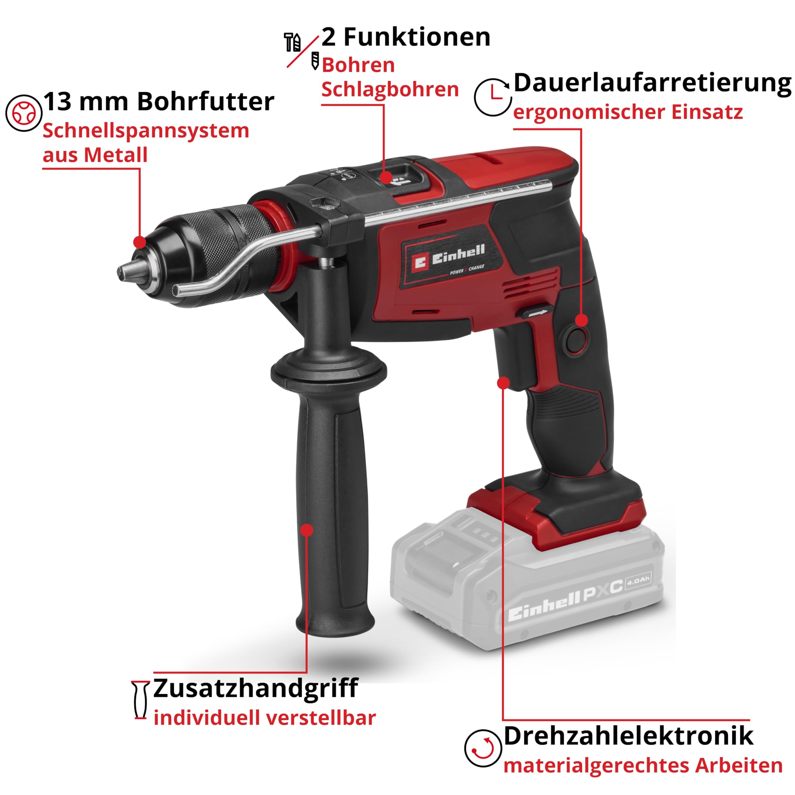 Einhell Akku-Schlagbohrmaschine TE-ID 18 Li-Solo Power X-Change (Li-Ion, 18 V, Bohr- und Schlagbohrfunktion, 13 mm max. Bohrleistung Beton, 13 mm Schnellspannbohrfutter, ohne Akku und Ladegerät)