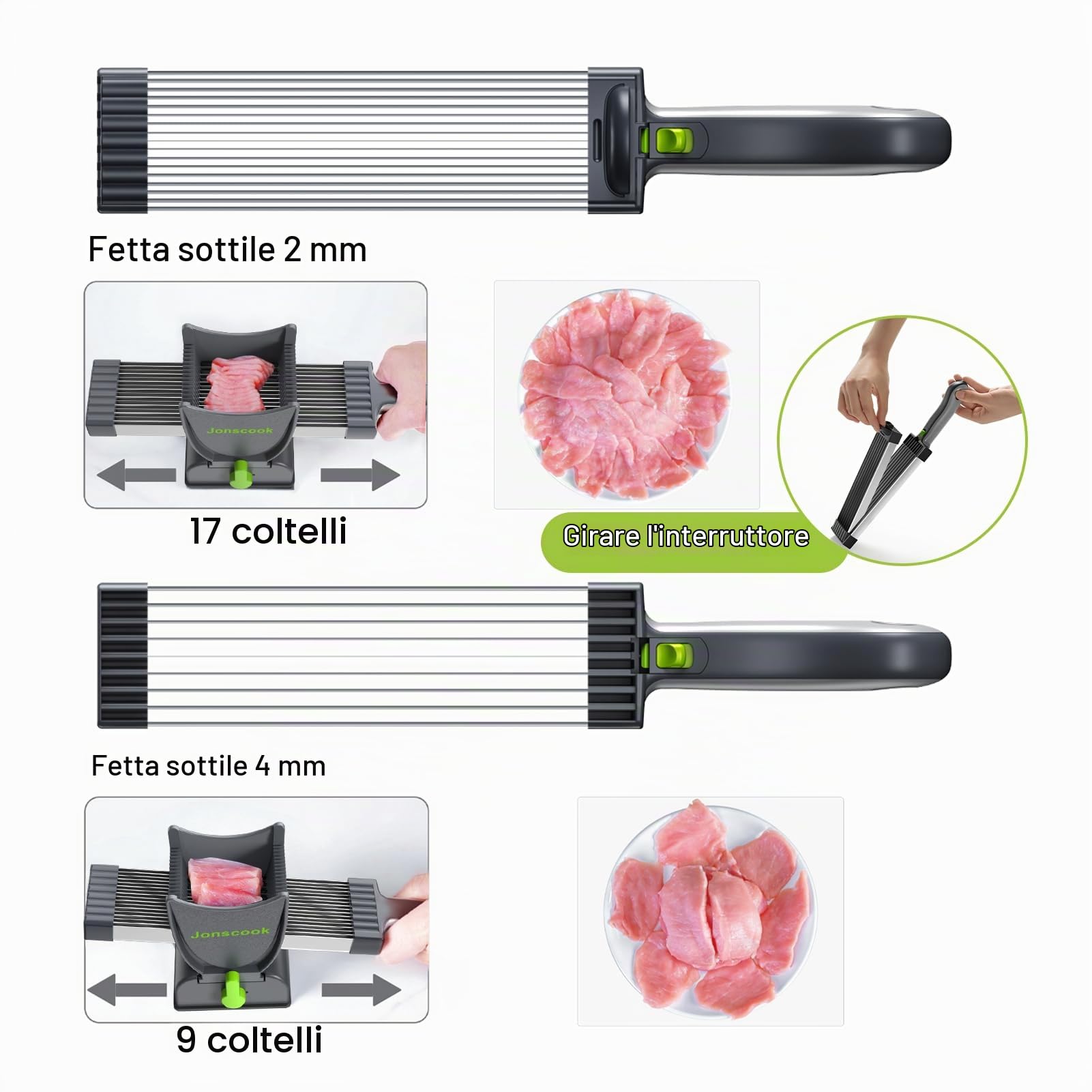 Affettatrice per carne fresca, affettatrice manuale per carne fresca, preparazione pasti, spessore di taglio regolabile di 2 mm o 4 mm, 17 lame per 18 fette (affettate, a strisce, a cubetti) - Nero