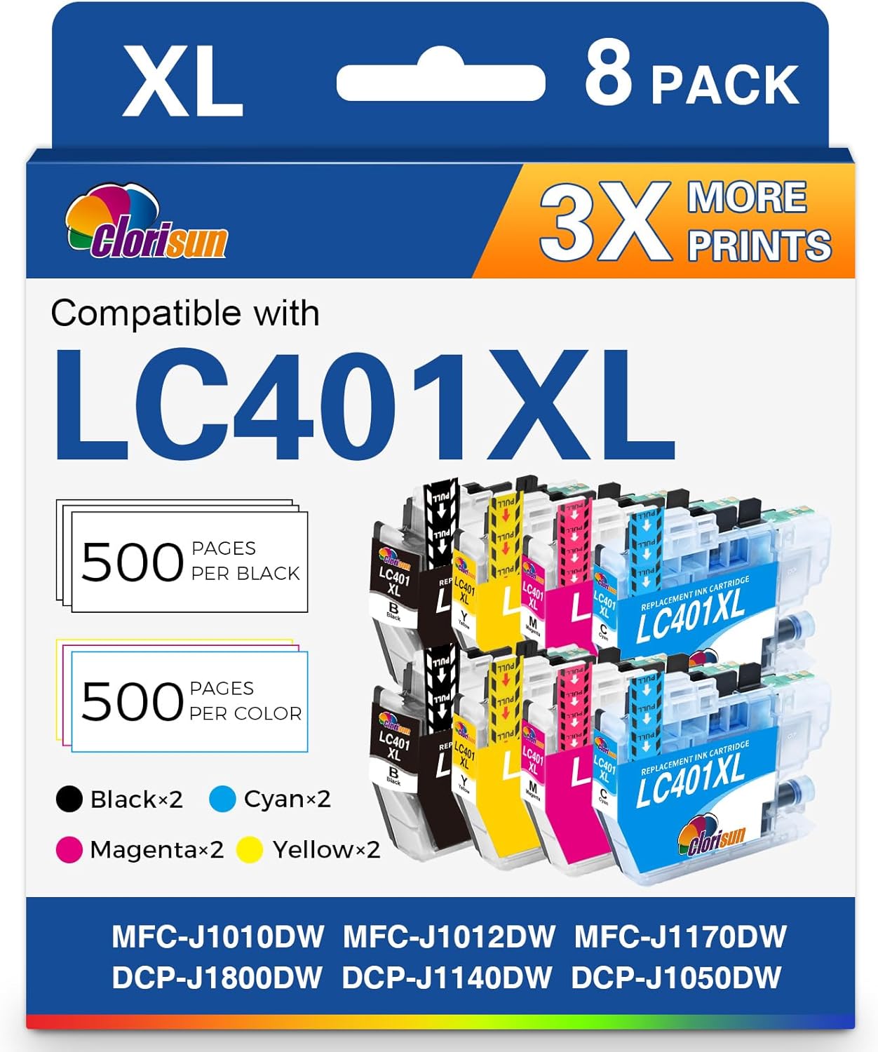 LC401 LC401XL Ink Cartridges for Brother Printer Replacement for Brother MFC-J1010DW Ink Cartridges MFC-J1170DW MFC-J1012DW DCP-J1800DW J1140DW (2Black 2Cyan 2Magenta 2Yellow, LC401XL Ink) 8 Pack