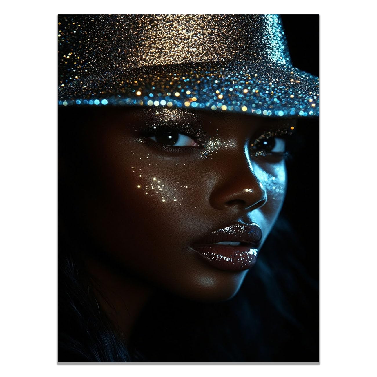 QUSAAOU African Americans Wall Art Glitter Hat Dark Skin Lady Vintage Tribal Girl Images Elegant Paintings Of Black Women Suitable For Home Wall Decoration(Silver)-60x90cm1 Unframed