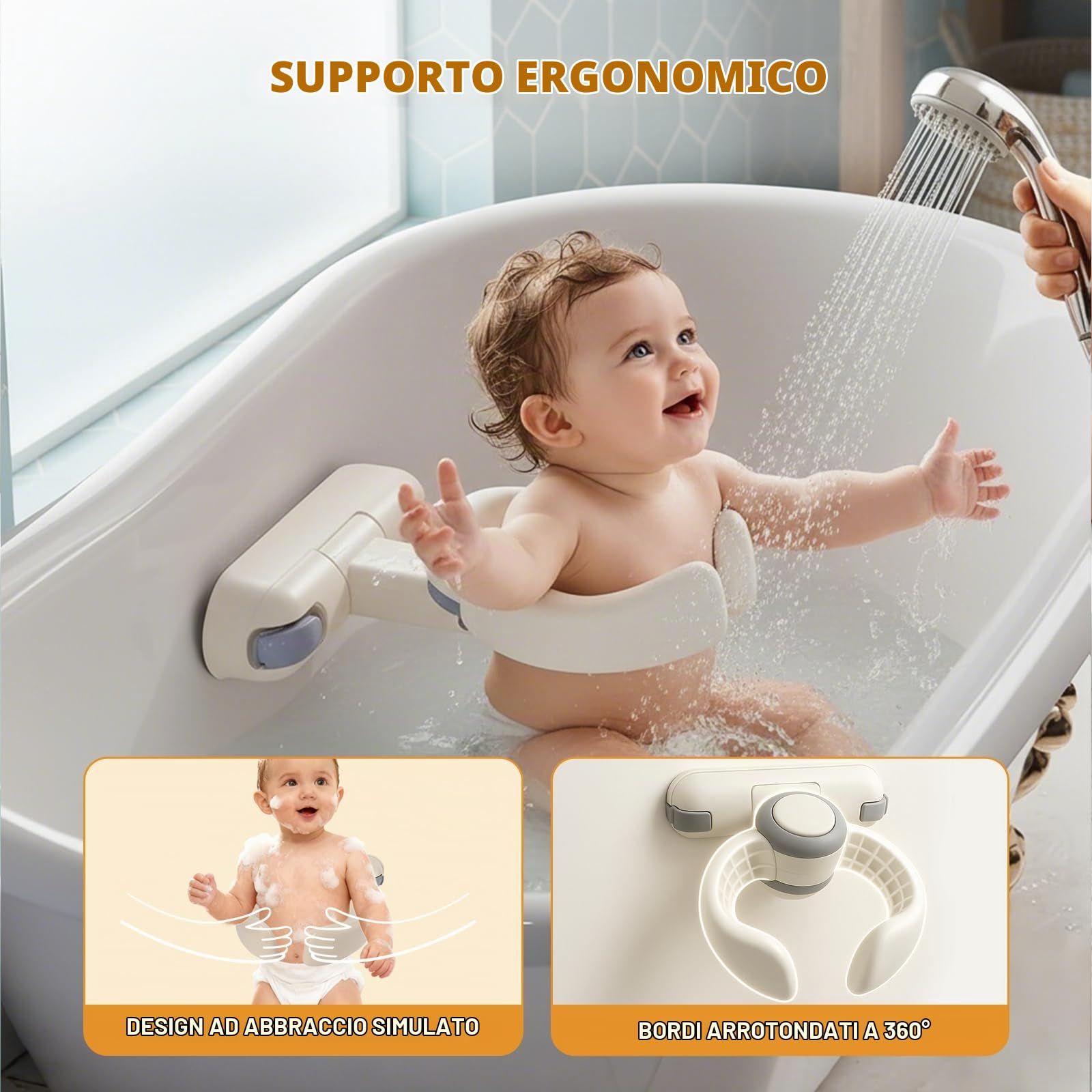 Supporto Doccia Neonati | Altezza Reg. 26-35cm | Antiscivolo Maniglia Sicurezza | Pieghevole Senza BPA | 6-36 Mesi