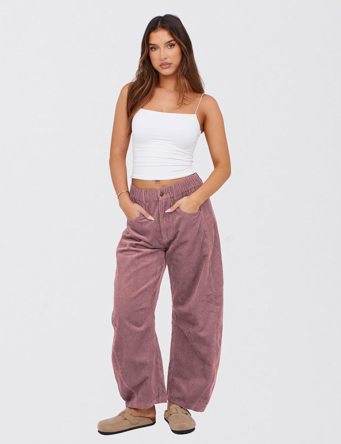 SeekMe Women's Corduroy Pants Barrel Mid-Rise Elastic Waist Cord Pants Casual Wide Leg Baggy Trouser with Pockets - Image 3