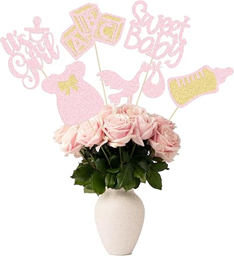 Miniatura 8 de Gyufise 12 piezas de centro de mesa para baby shower, con purpurina, para revelación de género "Oh Baby Gender Reveal It's a Girl", palitos para