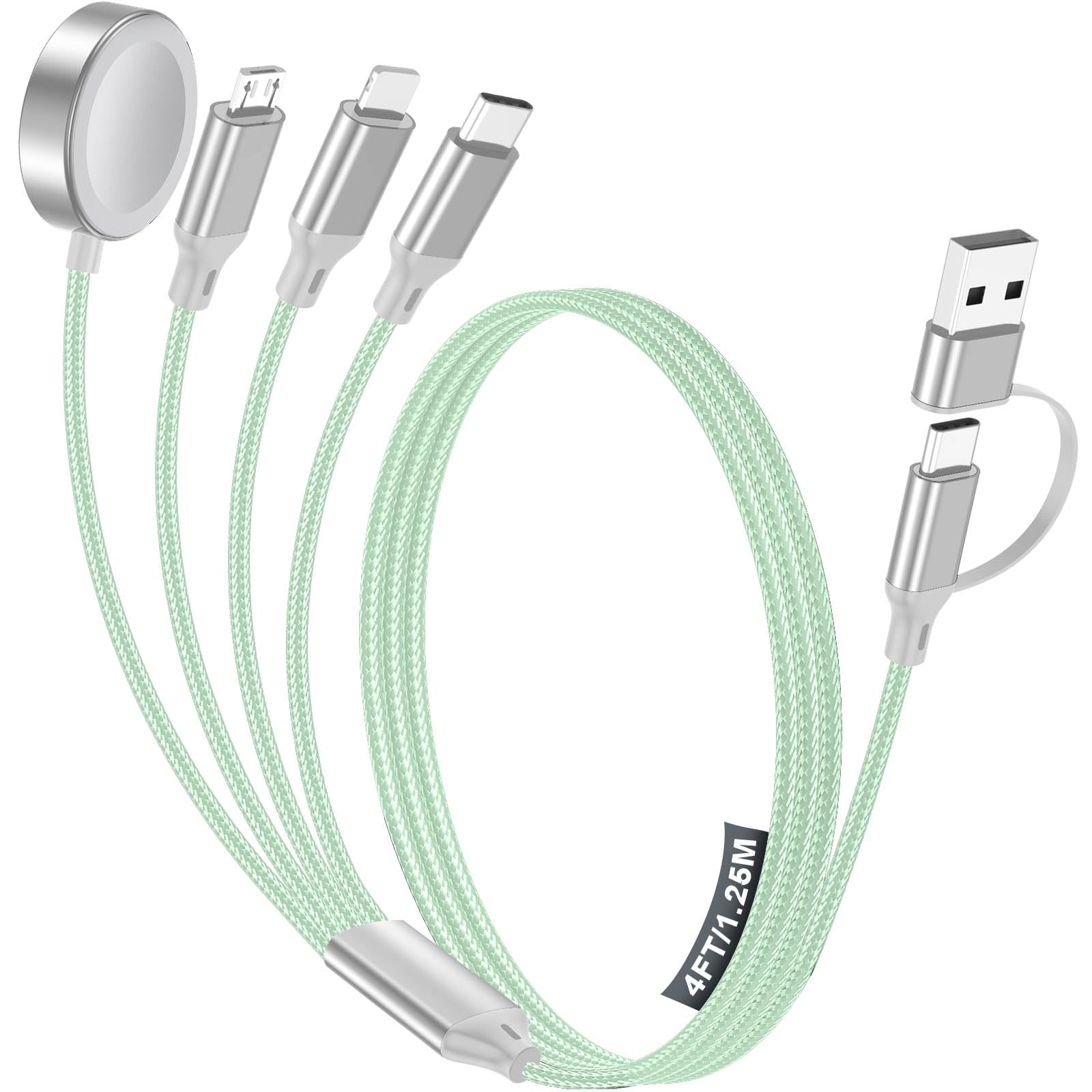 4-in-2-Ladekabel für Apple Watch-Ladegerät, Samsung/iPhone, Auto, Büro, Camping, Reisen, Typ-C-Kabel, Multi-Kabel für iWatch Ultra/10–2/iPhone 16–11/Samsung S25-S20, iPad, AirPods, Grün