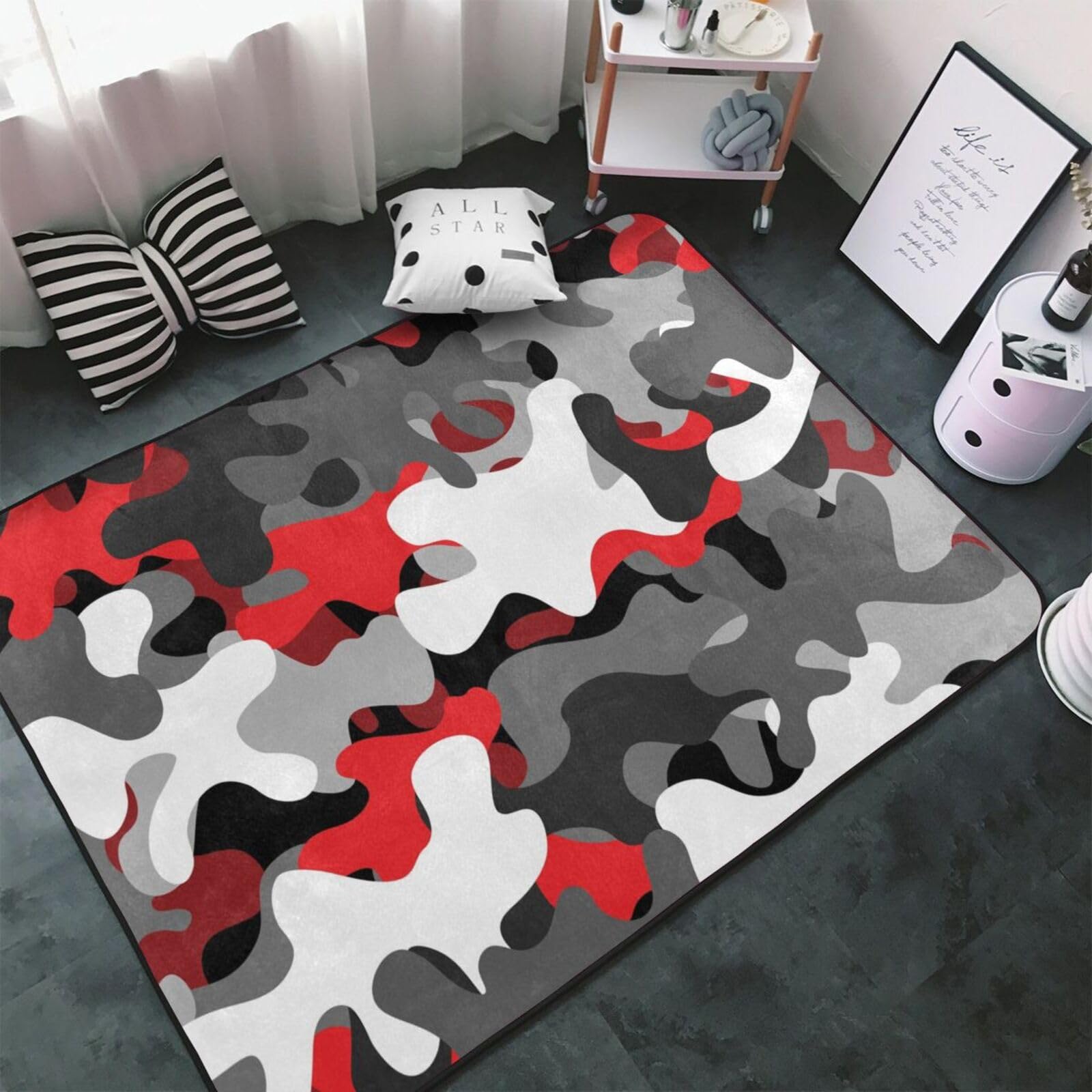 Tapis d'intérieur doux imprimé camouflage rouge et gris lavable 152x99 cm