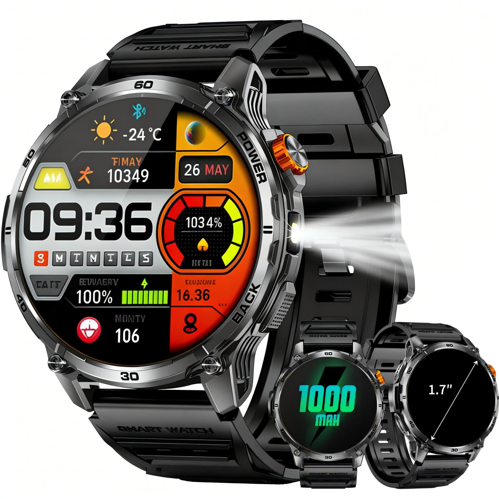 Military Smart Watch for Men, 1.7 Inch HD Touchscreen, Bluetooth Calling, 1000mAh Battery, Heart Rate/SpO2/Blood Pressure, 110+ Sports Modes, 5ATM Waterproof Fitness Watch for Android & iPhone
