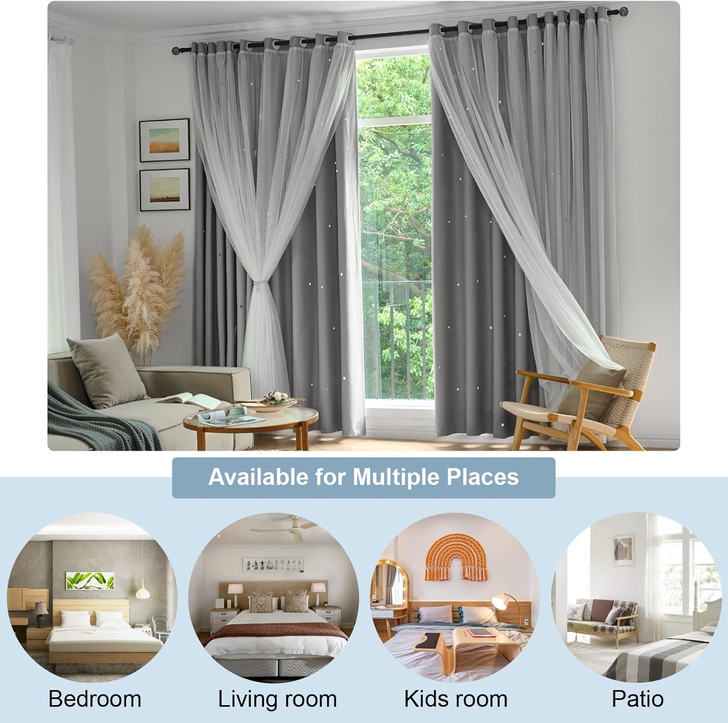 Star Blackout Curtains Cute Bedroom Curtains Kids Curtains Rainbow Curtains, Curtains 84 Inches Long 2 Panels, Grey Curtains, 52" W x 84" L (Pack of 2)