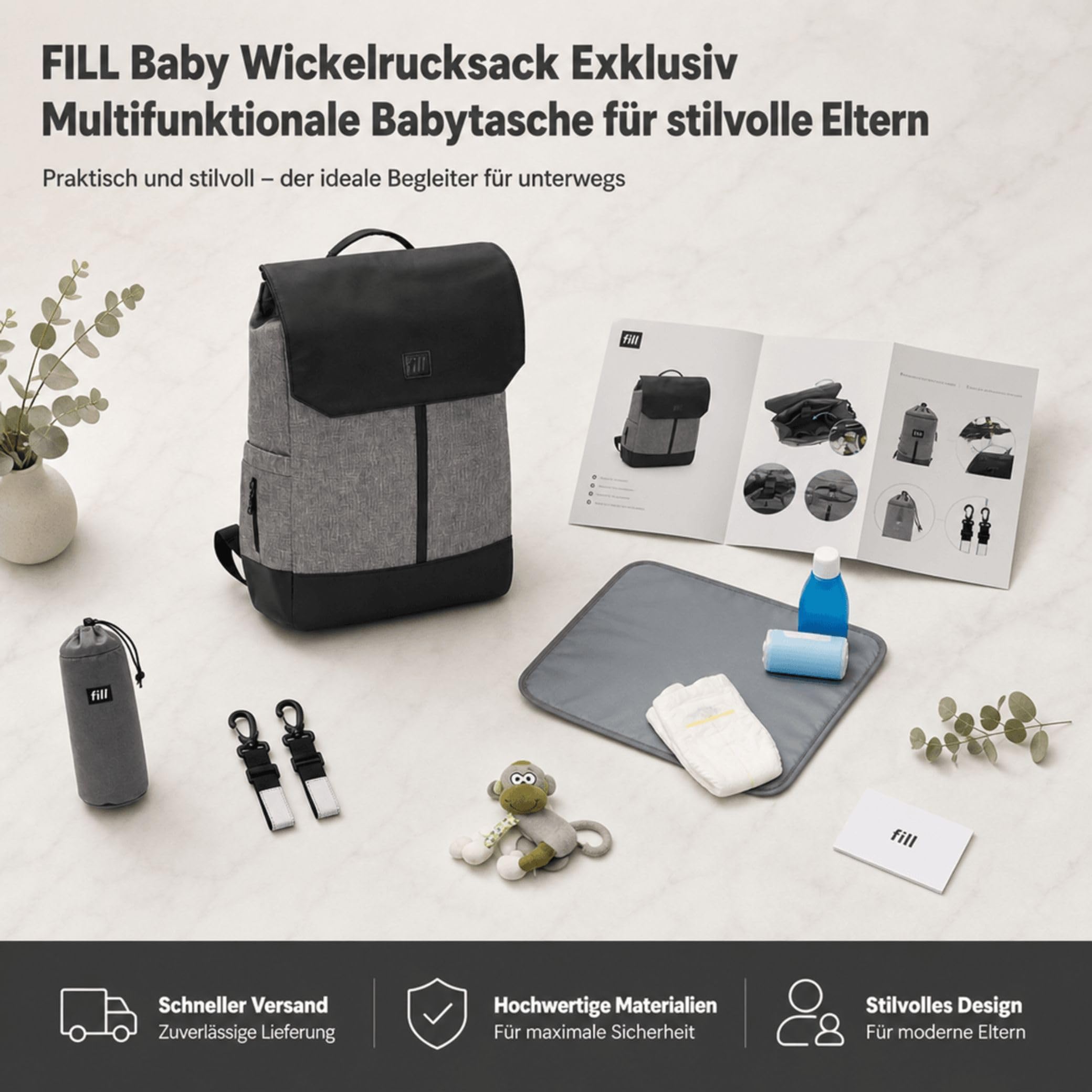 FILL Baby Wickelrucksack Exklusiv | Grosse Wickeltasche Mama Rucksack mit Flaschenwärmer und Wickelunterlage | Babyreisetasche Reisetasche für Unterwegs | Multifunktionale Babytasche