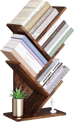 Bellsal 4-Tier Tree Bookshelf, 4-Shelf Bookcase, Rustic Standing Small Bookshelf for Small Spaces, Rustic Bookcase Rack for BooksCDs, Organizer Home