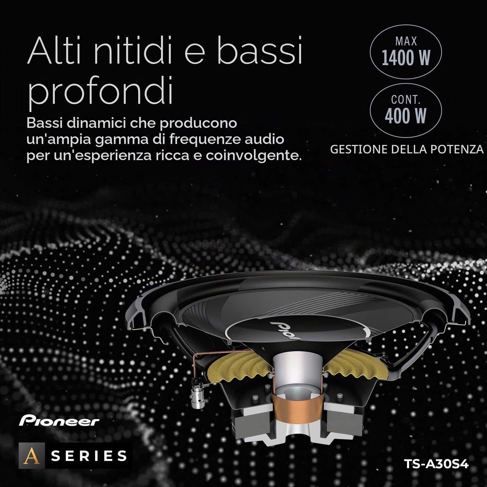 PIONEER Subwoofer TS-A30S4 (1.400 W), membrana IMPP da 30 cm/12", per un suono potente, potenza in uscita continua 400 W, nero