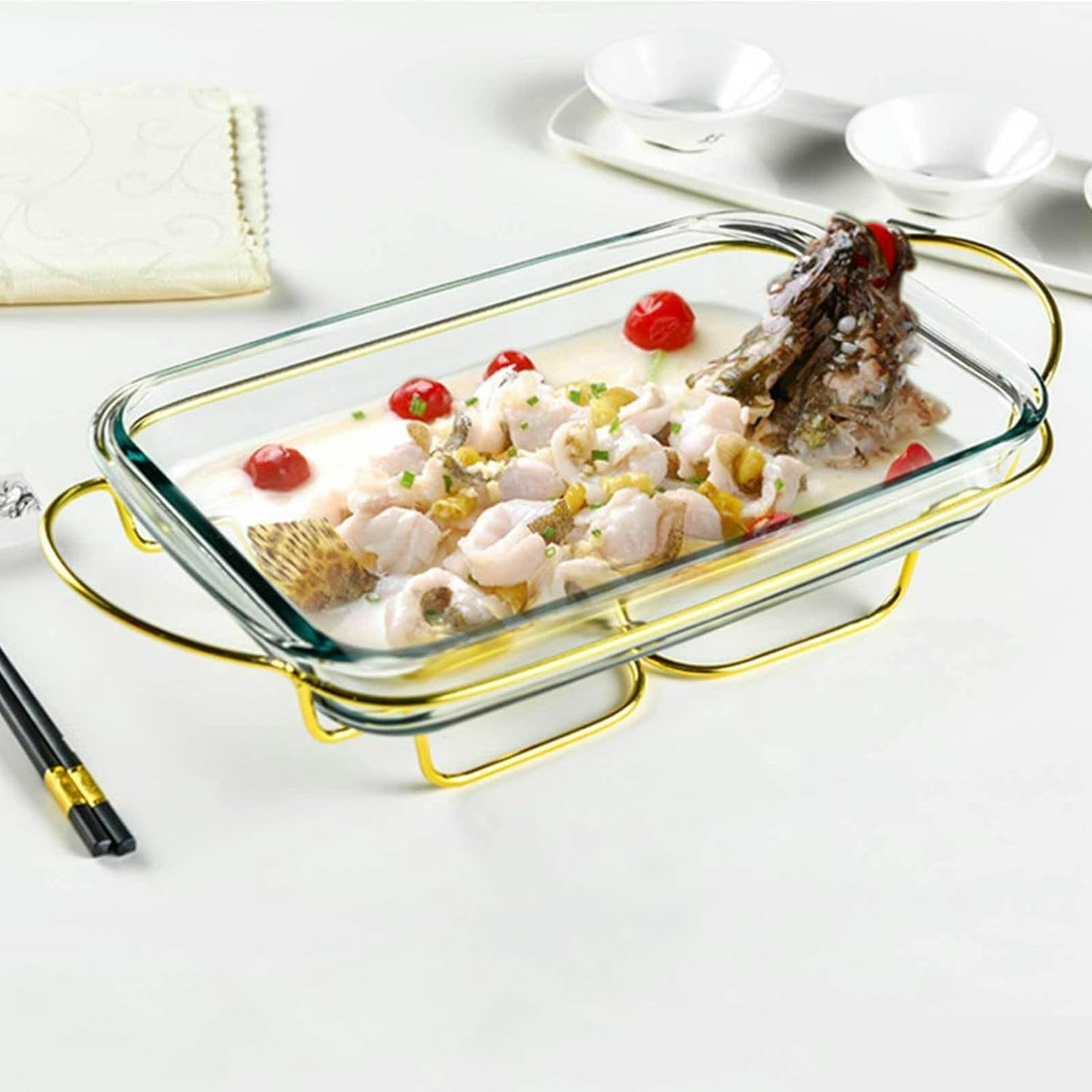 Set da Buffet con Scaldavivande, Vassoio Riscaldante con Coperchi - Posate da Buffet in Acciaio Inossidabile con Piatti in Vetro - Set da 2 Litri per Scaldavivande E Scal（Silver）