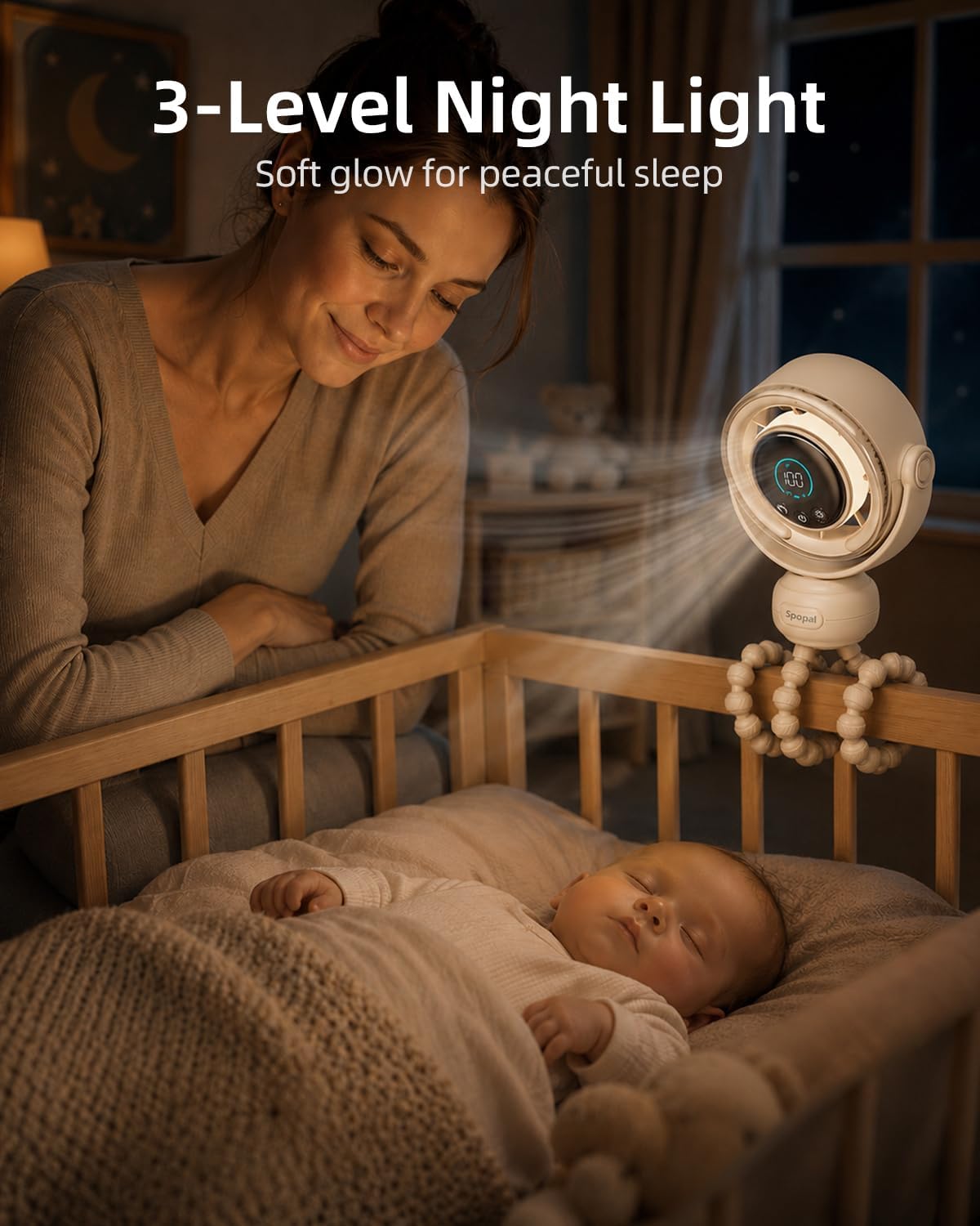 Spopal Portable Baby Stroller Fan, 4000mAh Rechargeable 100-Speed Quiet with LED Display Clip Fan for Stroller, 3-Level Night Light, Powerful Cooling Fan for Car Seat, Crib, Travel - Beige