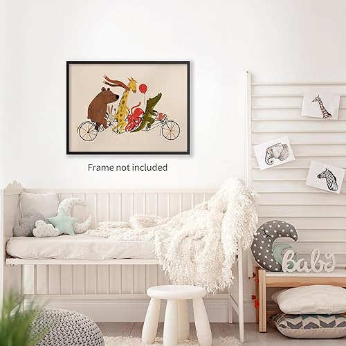 Miniatura 3 de Divertido póster colorido para niños pequeños, diseño retro de desfile de bicicletas de animales, arte de pared, impresión de lienzo para guardería,