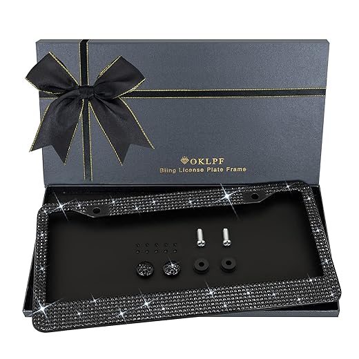 Bling License Plate Frame for Women, Sparkly Stainless Steel License Plate Frames| Over 1200 pcs 14 Facets Bedazzled Clear Glass Diamond Rhinestone Crystals w/Free Glitter Diamond 1PCS Box (Black)