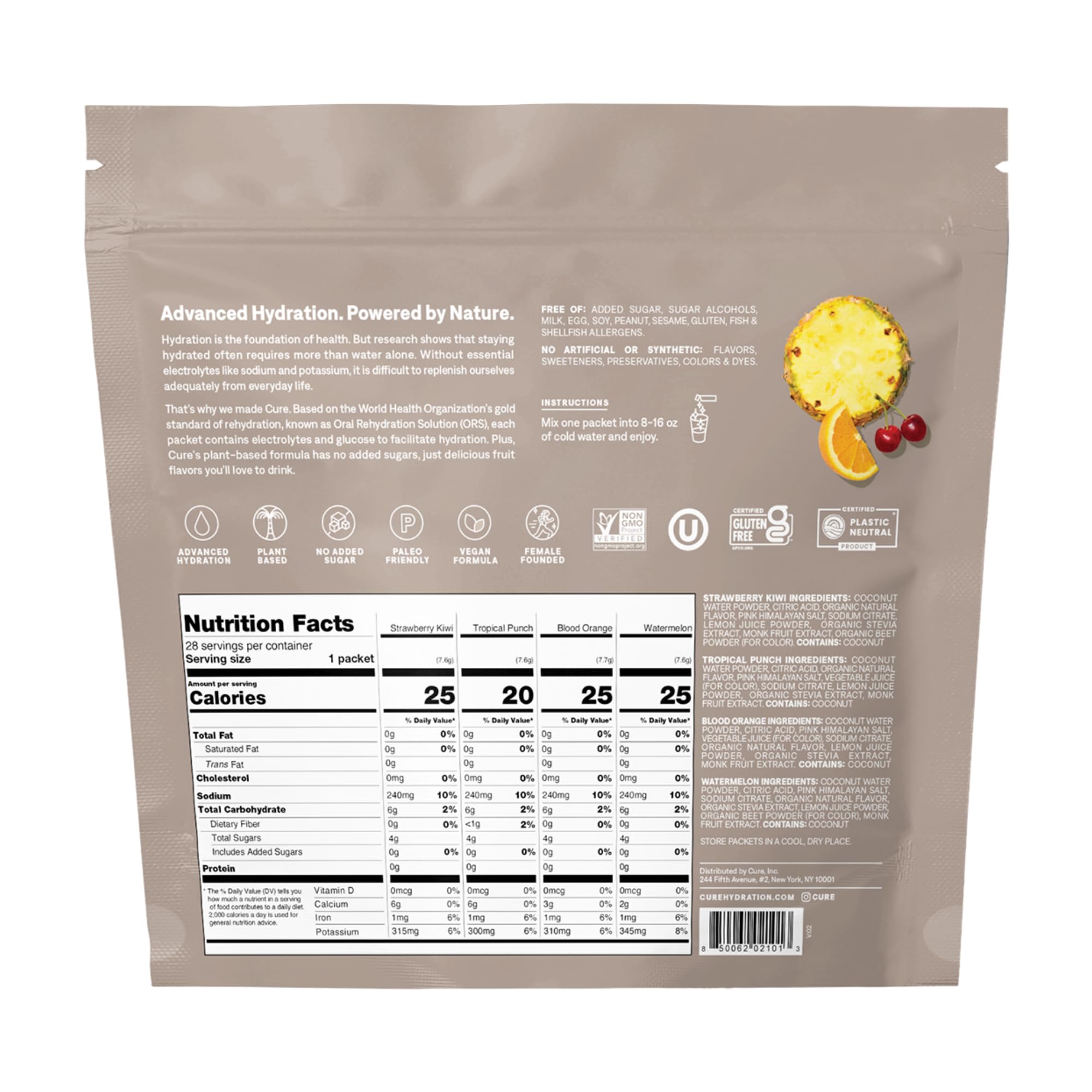 Cure Hydration | Mélange à boisson électrolyte à base de plantes | Sans sucre ajouté | FSA et HSA | Sans OGM | Végétalien | 28 ct - Paquet de variétés tropicales