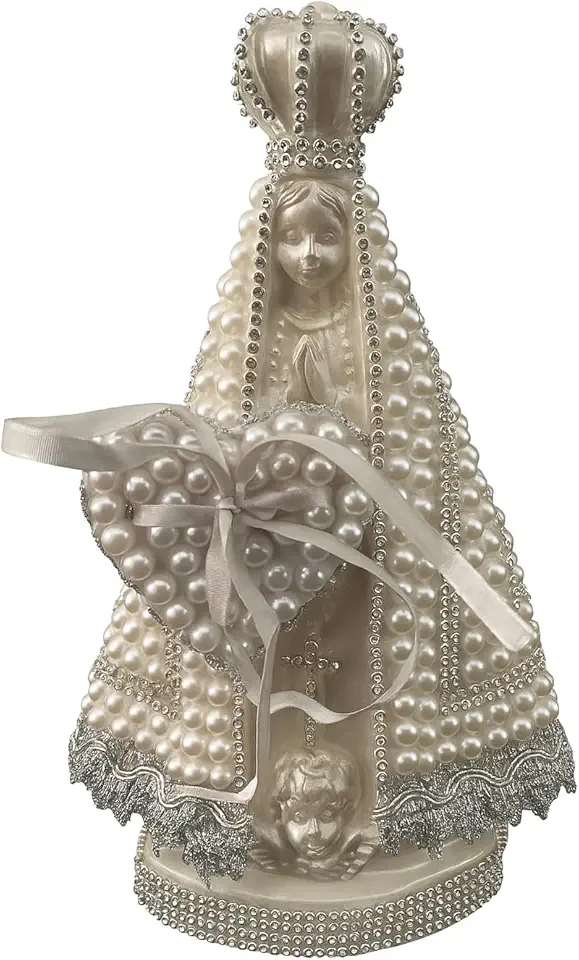 Imagem Nossa Senhora Aparecida 25cm Prata com Coração Porta Aliança