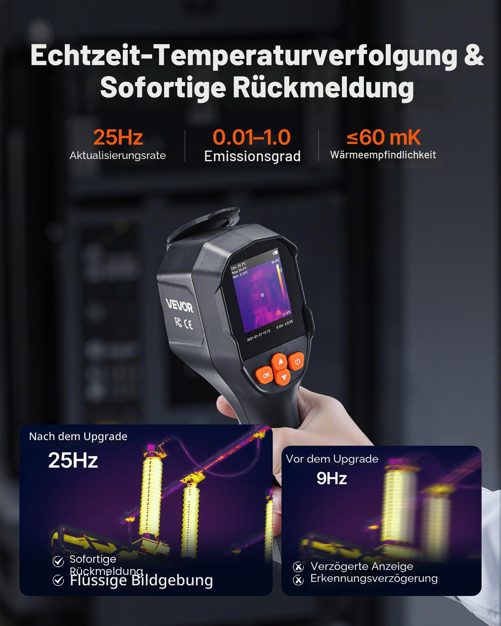 VEVOR Wärmebildkamera, TISR Superauflösung 240x180, handheld Thermokamera mit 2 MP visueller Kamera, 96x96 IR-Auflösung, 25 Hz Bildwiederholfrequenz, -20-550 °C, 4 Bildmodi & 6 Farbpaletten