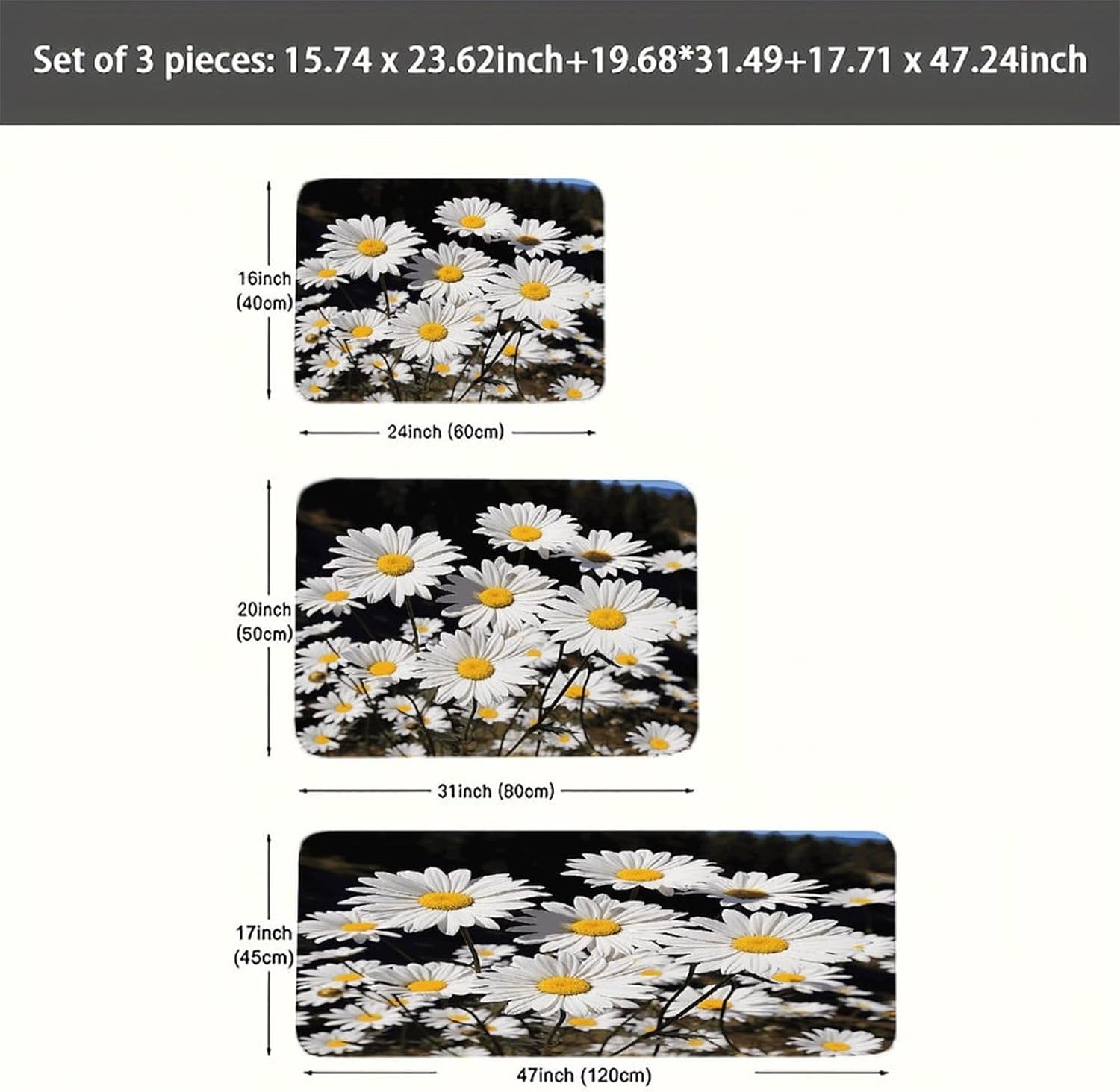 White Daisy Kitchen Mats Soft Absorbent Rugs for Floor Non Slip Washable Kitchen Mats Fashion Rectangular Rugs for Three-Piece Set for Laundry Office Home Sink