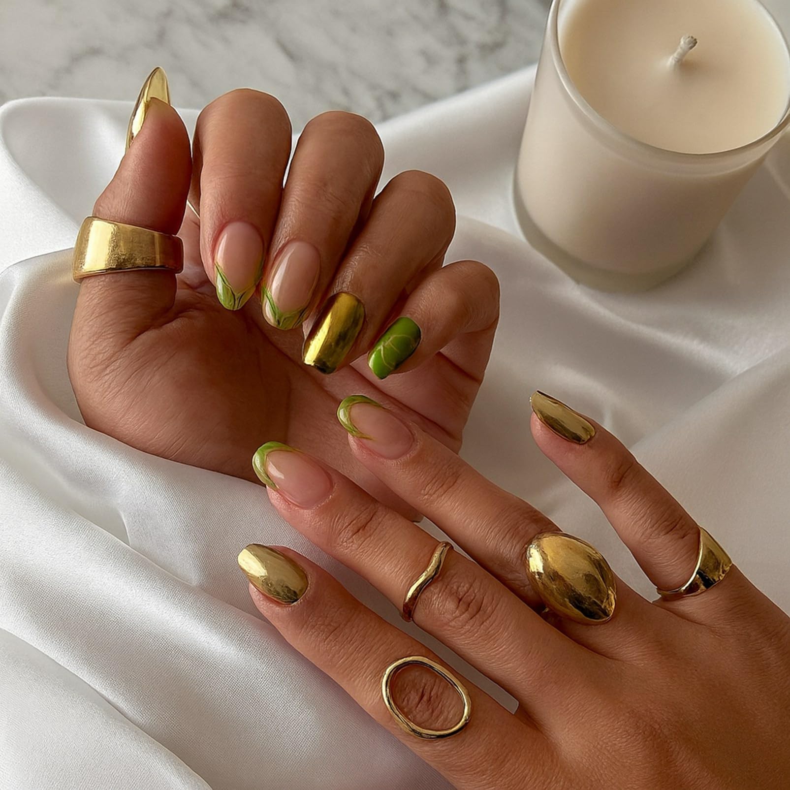 24Pcs Short Square False Nails with Glossy Metallic Gold and Green Leaf French Tip Design on Nude Base - Image 2