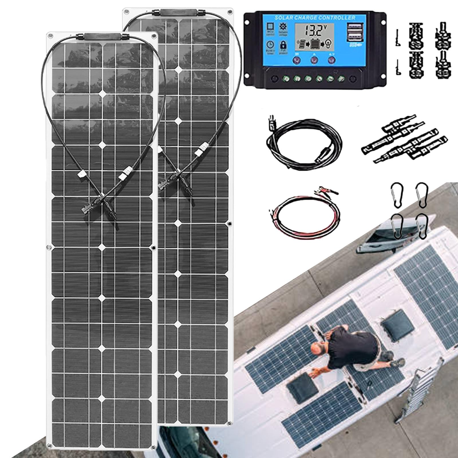 2 Paneles Solares Monocristalinos De 200 W con Controlador De 40 A, Placa Solar Fotovoltaica Flexible para Autocaravana Y Bomba De Agua White