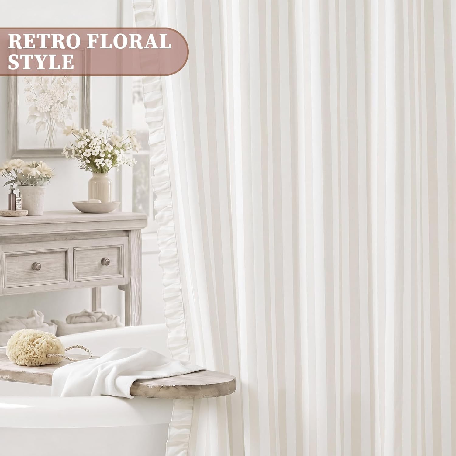 Striped Shower Curtain with Ruffle Edge Linen-Textured Shower Curtain 72x72 Inches Vintage Country Style Fabric Bath Decoration for Farmhouse Bathroom(Beige)