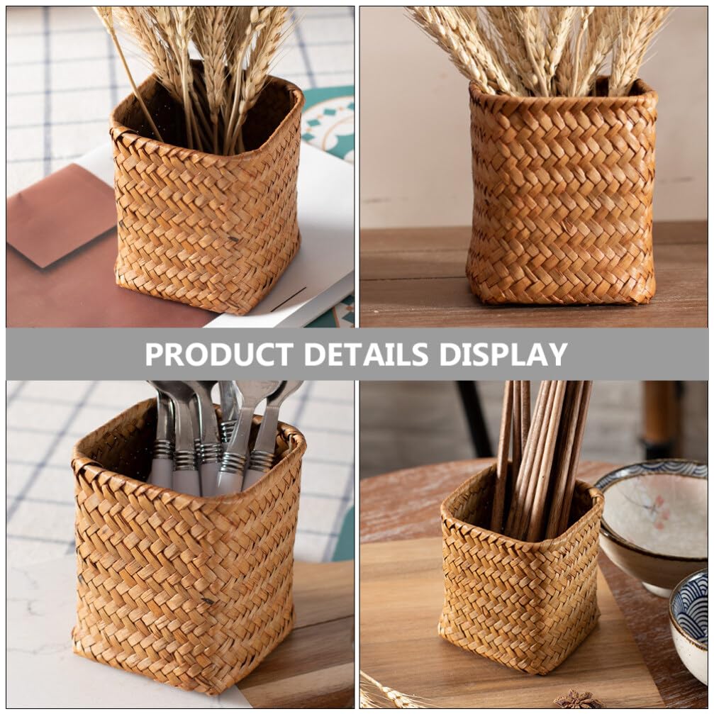 Corbeille / Porte-crayon En Rotin Naturel - Organisateur Multifonction Pour Bureau, Cuisine, Salle De Bain