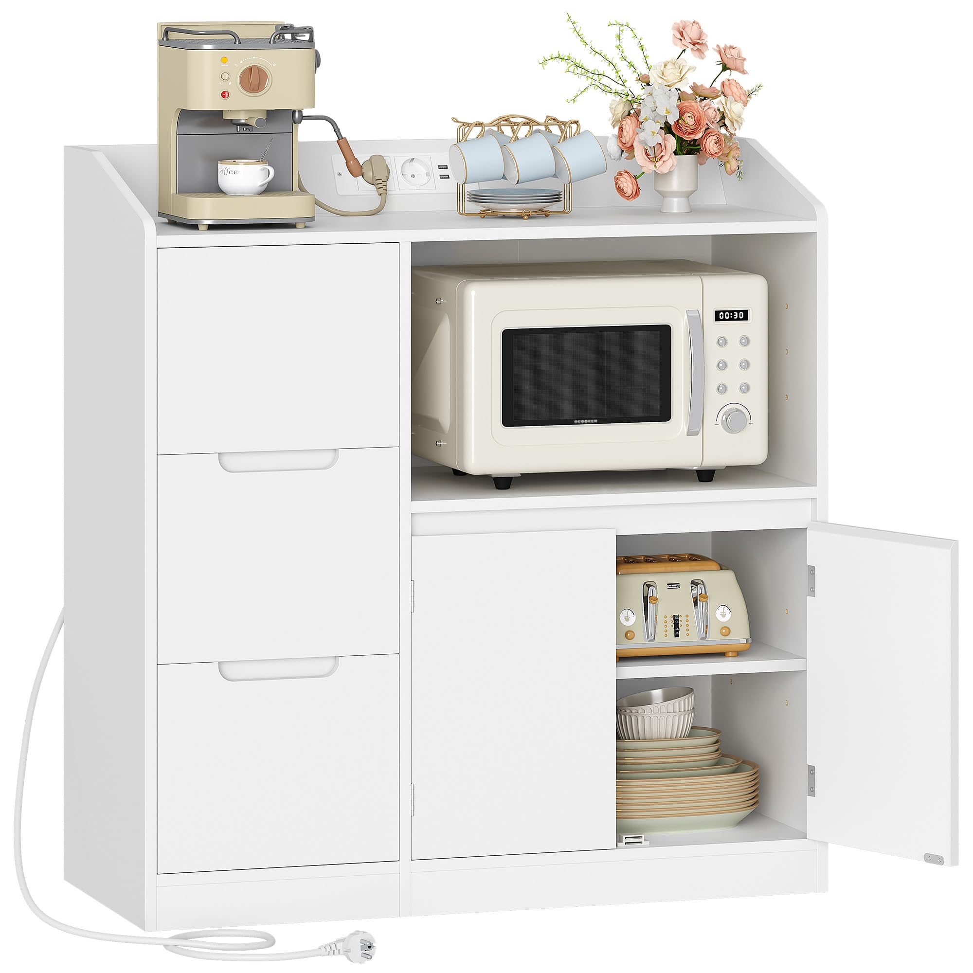 Hzuaneri Meuble Cuisine, Buffet avec Plan, Travail Étagère pour Micro-Ondes, Prise, 3 Tiroirs et 2 Portes, Étagère Réglable, Moderne, Cuisine, Blanc, 38 X 90 X 95 cm, SC31003XEU