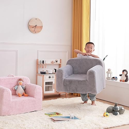 Miniatura 4 de Tiita Sofá para niños, sofá de espuma para niños pequeños, cómoda silla de descanso para niños con asa de transporte y bolsillos laterales, silla