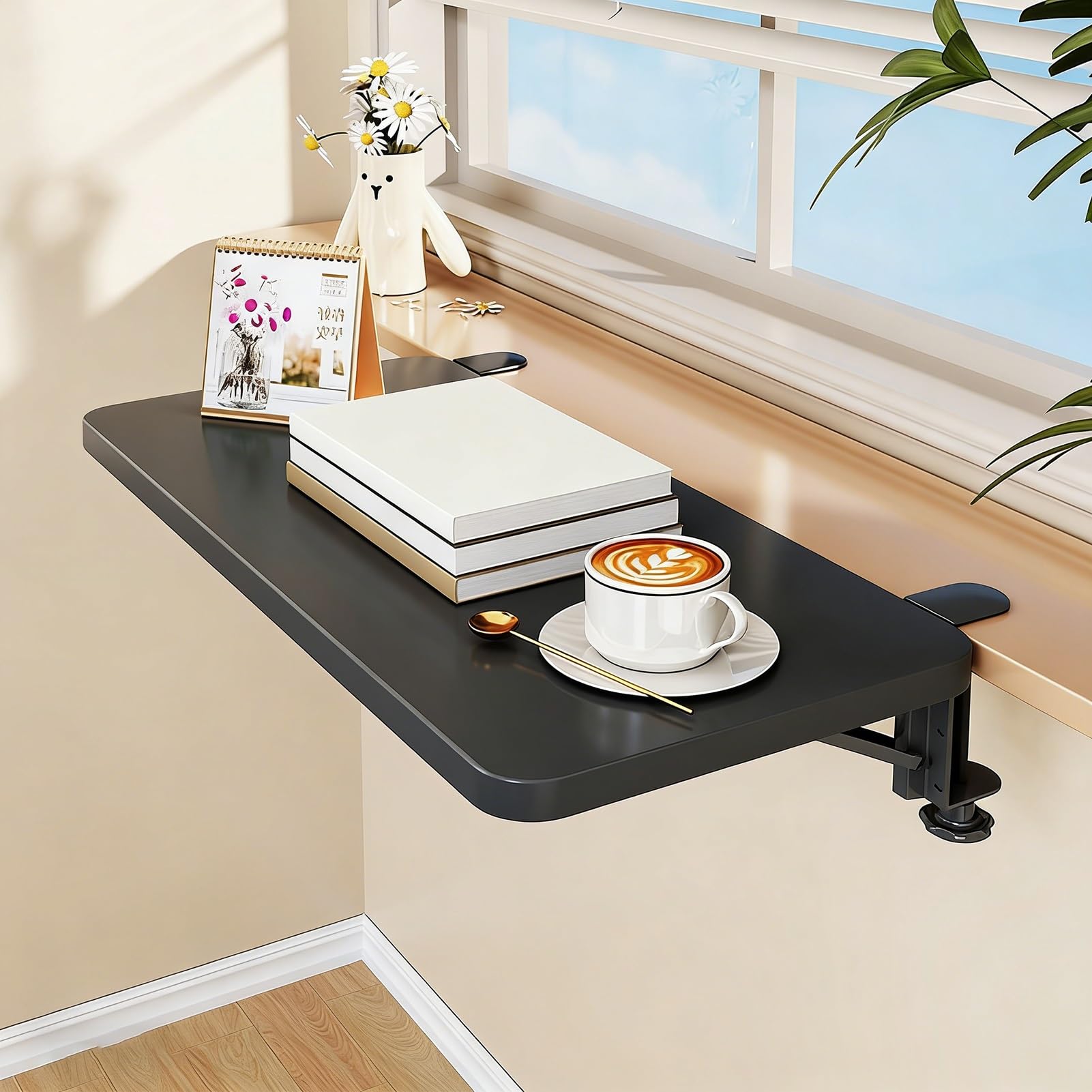 Wood Window Sill Extender for Plants Pots, Indoor Kitchen Window Ledge Extender Plate, Space-Saving Fold Down Desk Countertop Extension Board(Black,50x25cm/19.7x9.8in)