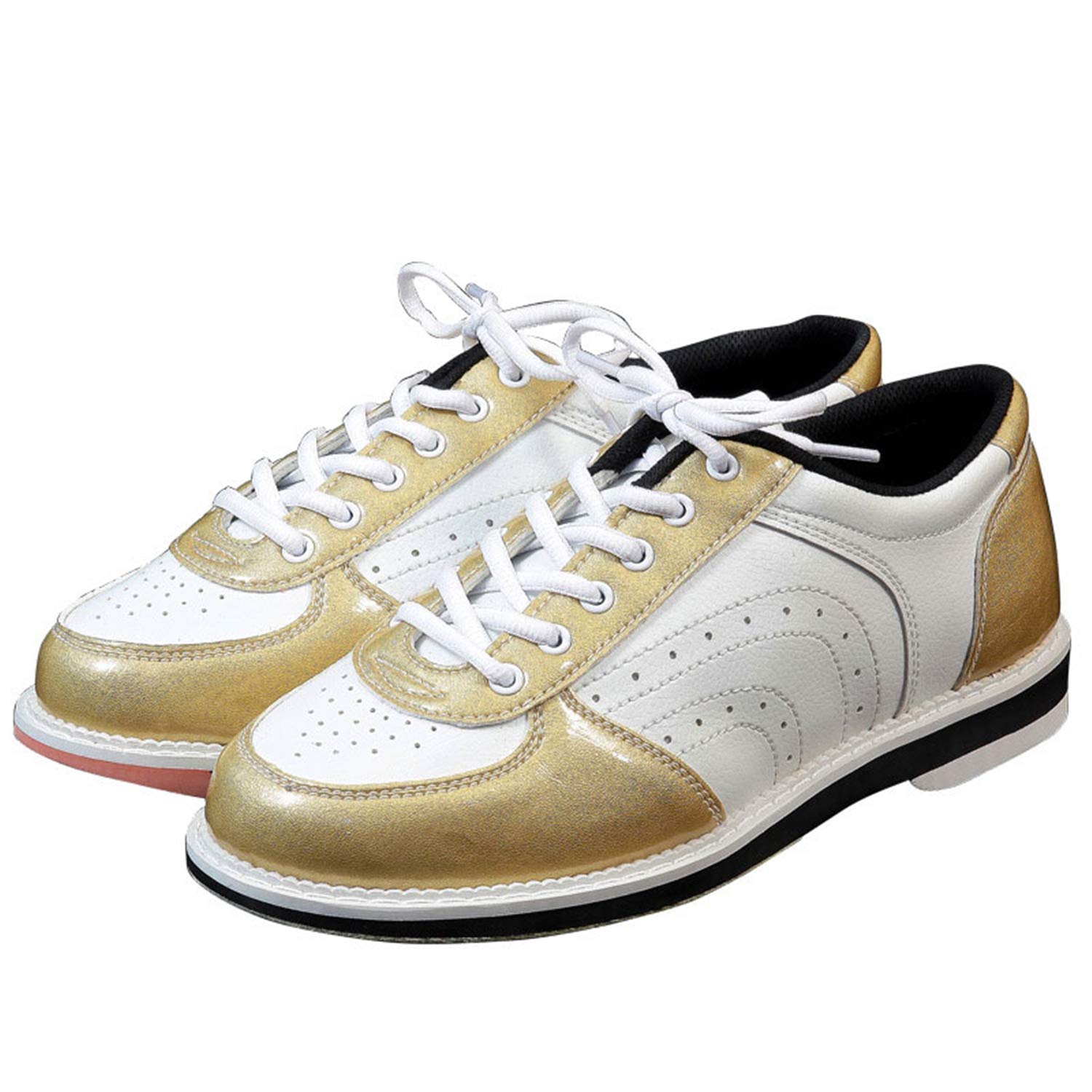 Herren Bowlingschuhe, Damen Mode Trainer rutschfeste Leichte Lace Up Lederschüsseln Schuhe Atmungsaktive Bowling Trainer,Gold,44
