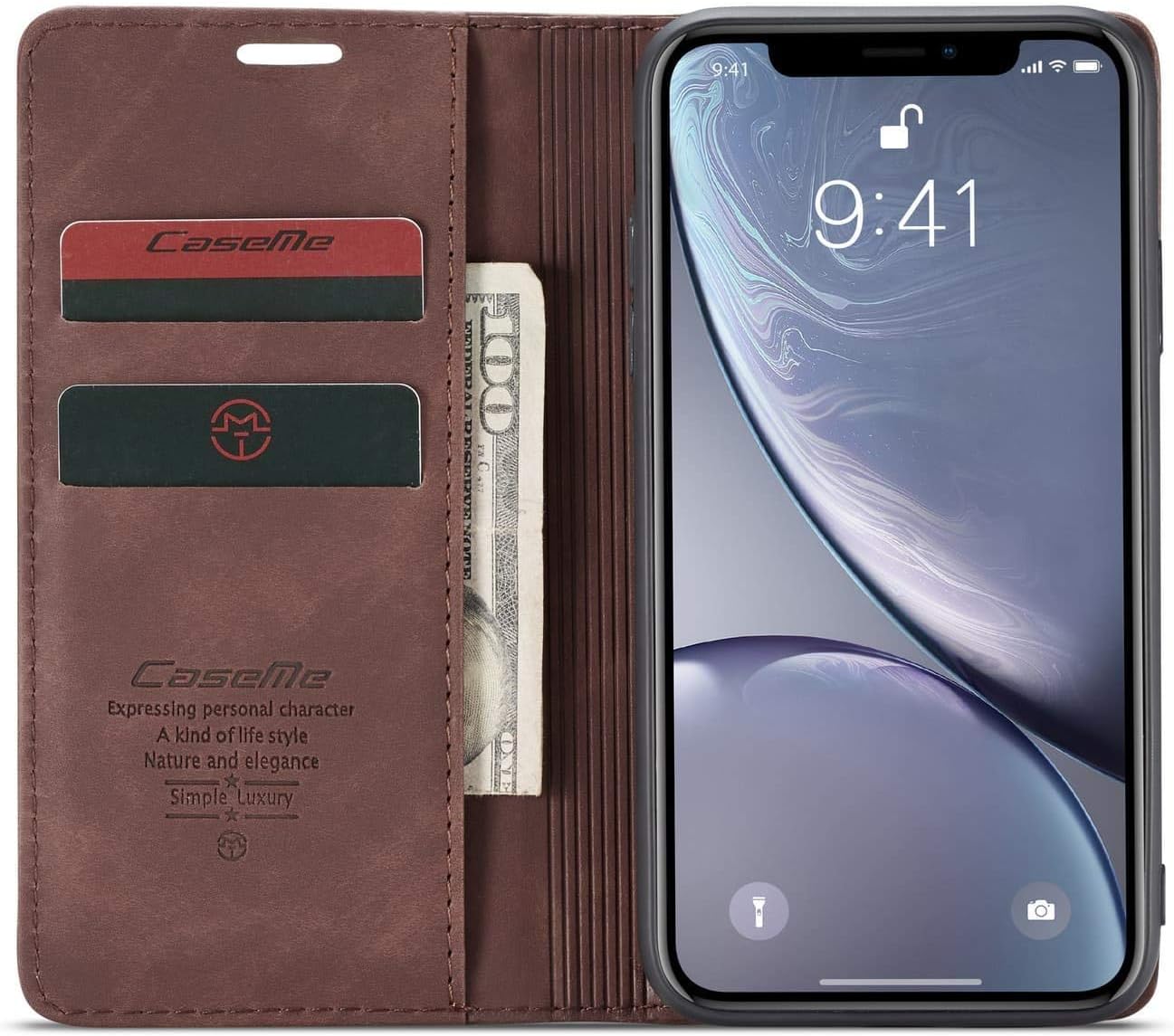 iPhone XR Wallet Case iPhone 10R Leather Case, SINIANL Folio Case with Kickstand Credit Card Holder Magnetic Closure Folding Flip Book Cover Case for Apple iPhone XR iPhone 10R - Coffee