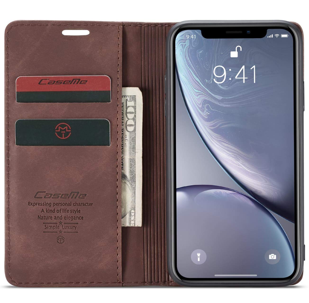 SINIANL Compatible with iPhone XR Leather Case, Folio Case with Kickstand Credit Card Holder Magnetic Closure Folding Flip Book Cover for iPhone XR - Wine Red